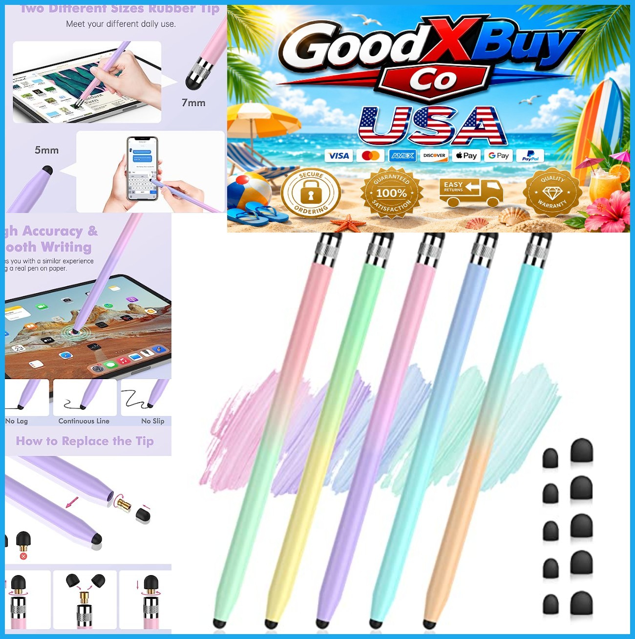 Stylus Pen 2-in-1 Dual Tip 5 Pack 0.2 Inch 0.27 Inch Rubber Tips Gradient