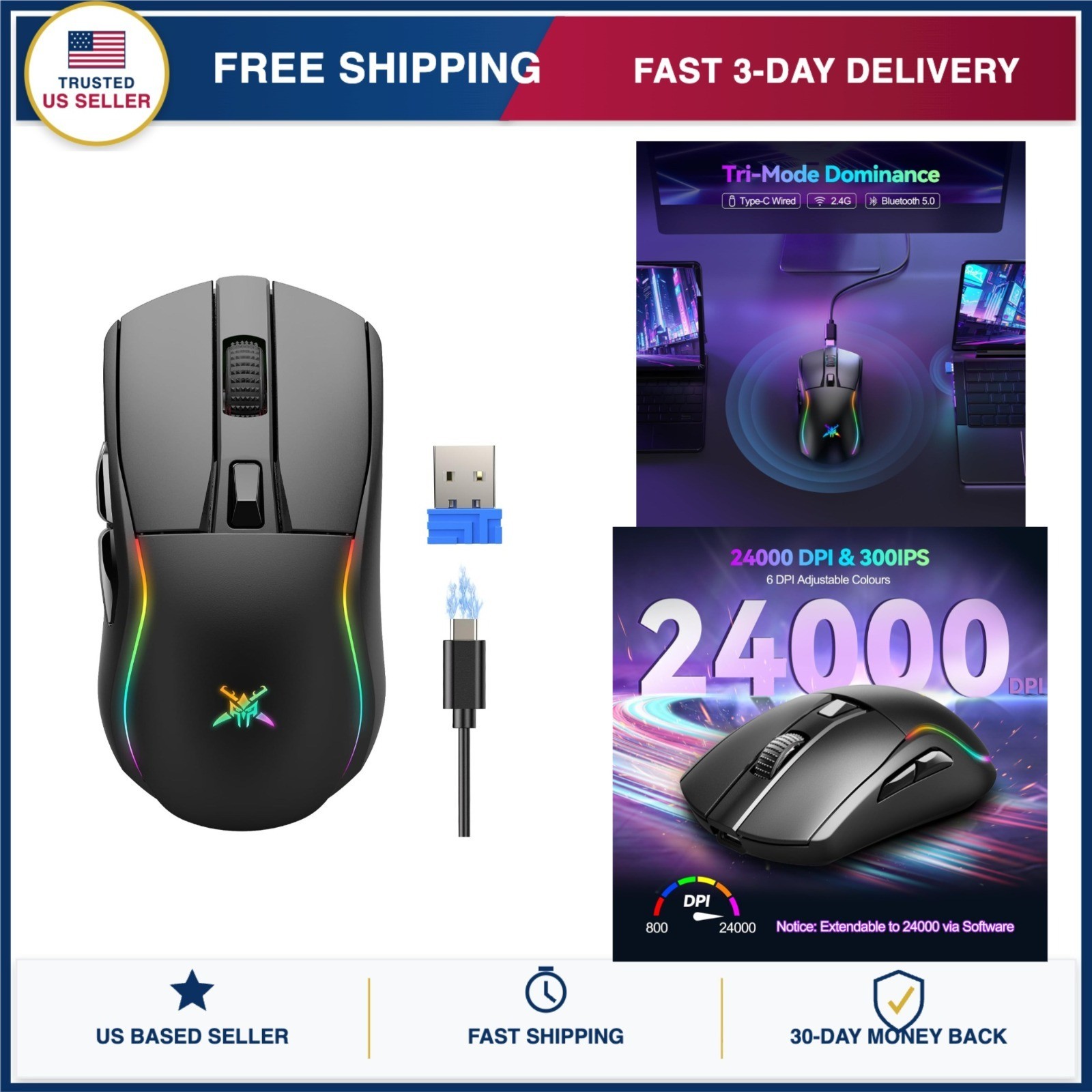 TECKNET Wireless Gaming Mouse Tri-Mode 24000 DPI Ergonomic RGB 6 Buttons