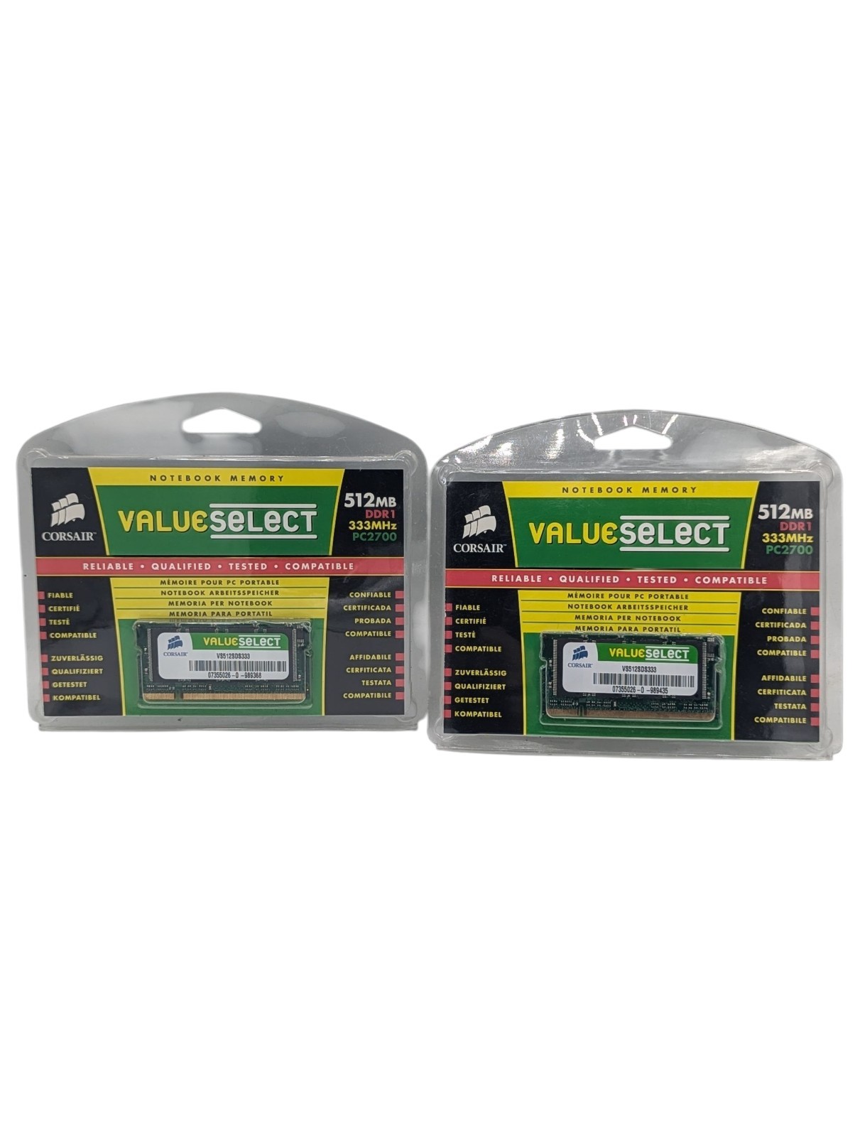 2x Vintage 2006 Corsair ValueSelect VS512SDS333 Notebook RAM Sticks 512MB NEW