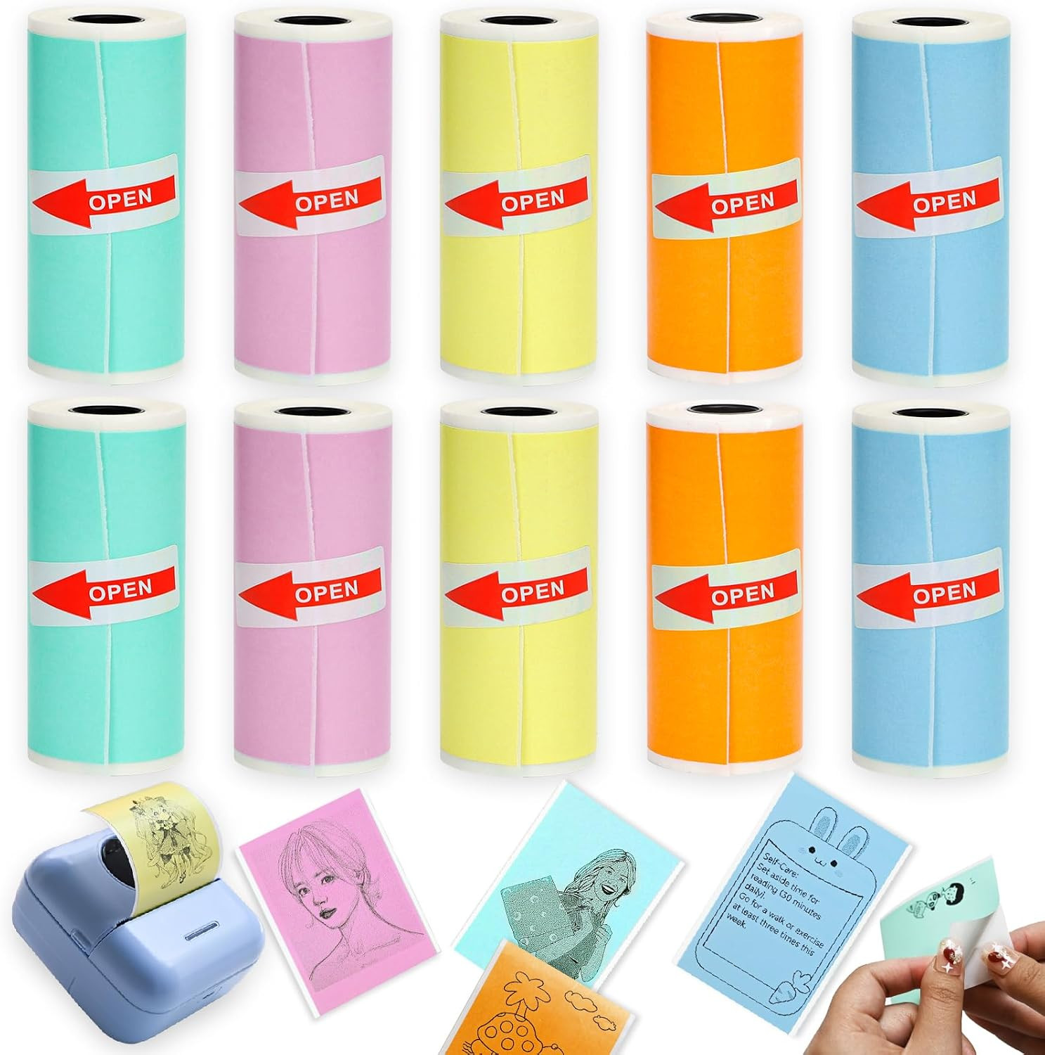 10 Rolls Colorful Mini Thermal Printer Paper Refill for Most Mini Printers, 57