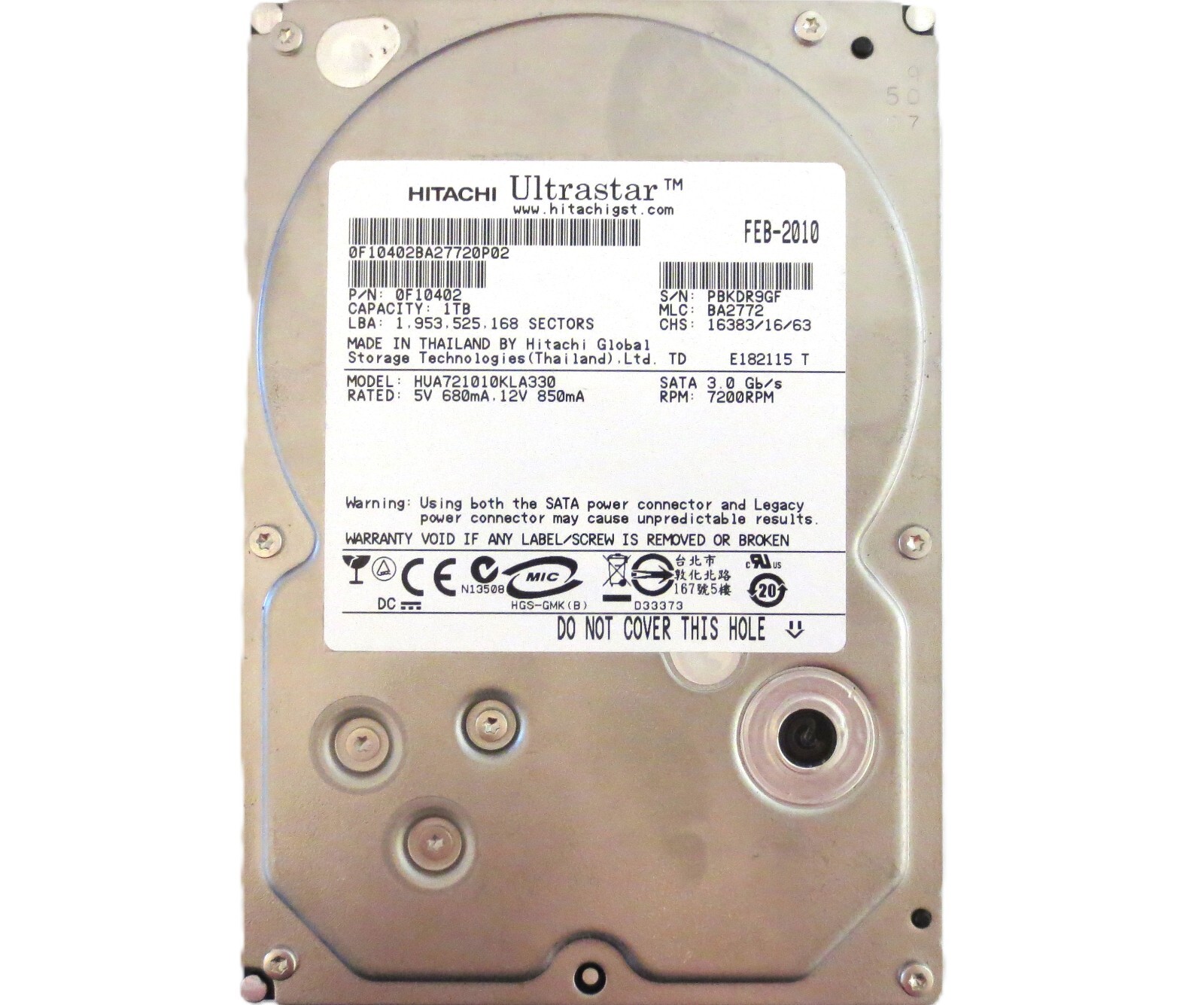 Hitachi HUA721010KLA330 0F10402 BA2772 (PBK) Thailand 1.0TB 3.5" Sata 2010