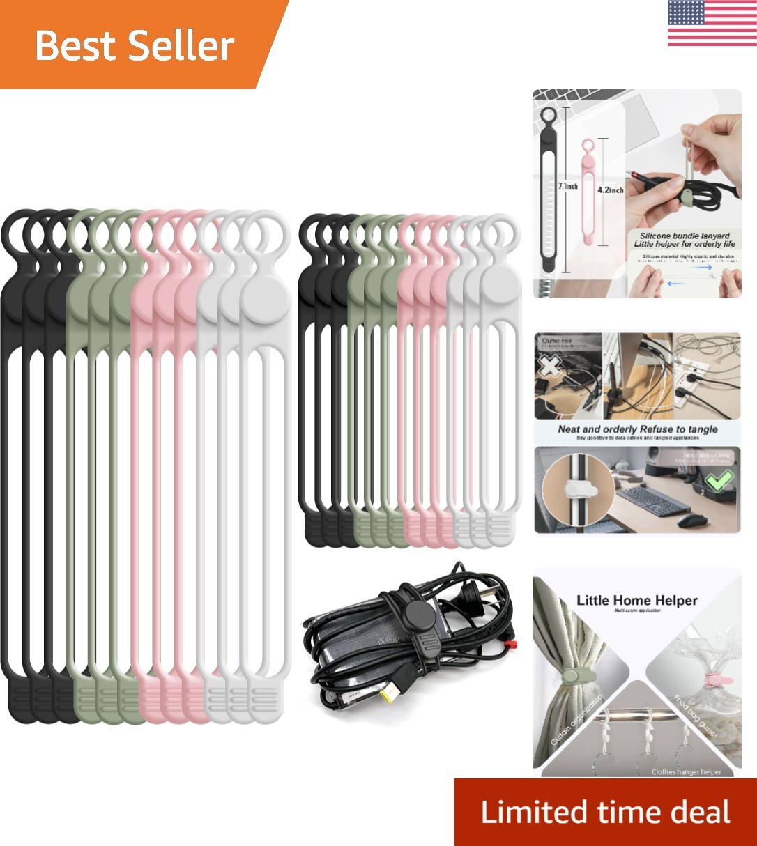 Multicolor Silicone Cable Ties (24pcs) - Durable Cord Management Solution