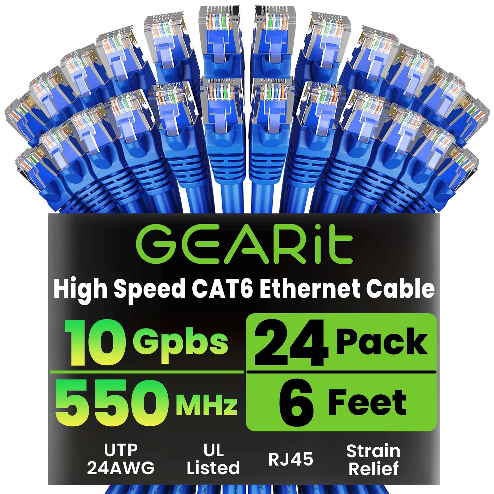 GEARit Cat6 Patch Cables Cat 6 Ethernet Cable 6 ft 24-Pack Blue 6 Feet,