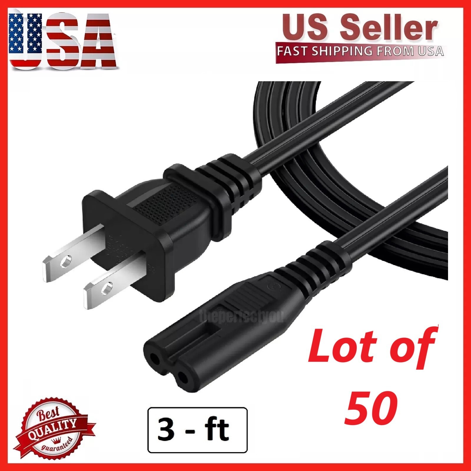 Lot of 50 pack TV Cord Cable for Insignia Sharp JVC Hisense 2 Prong AC Wall Plug