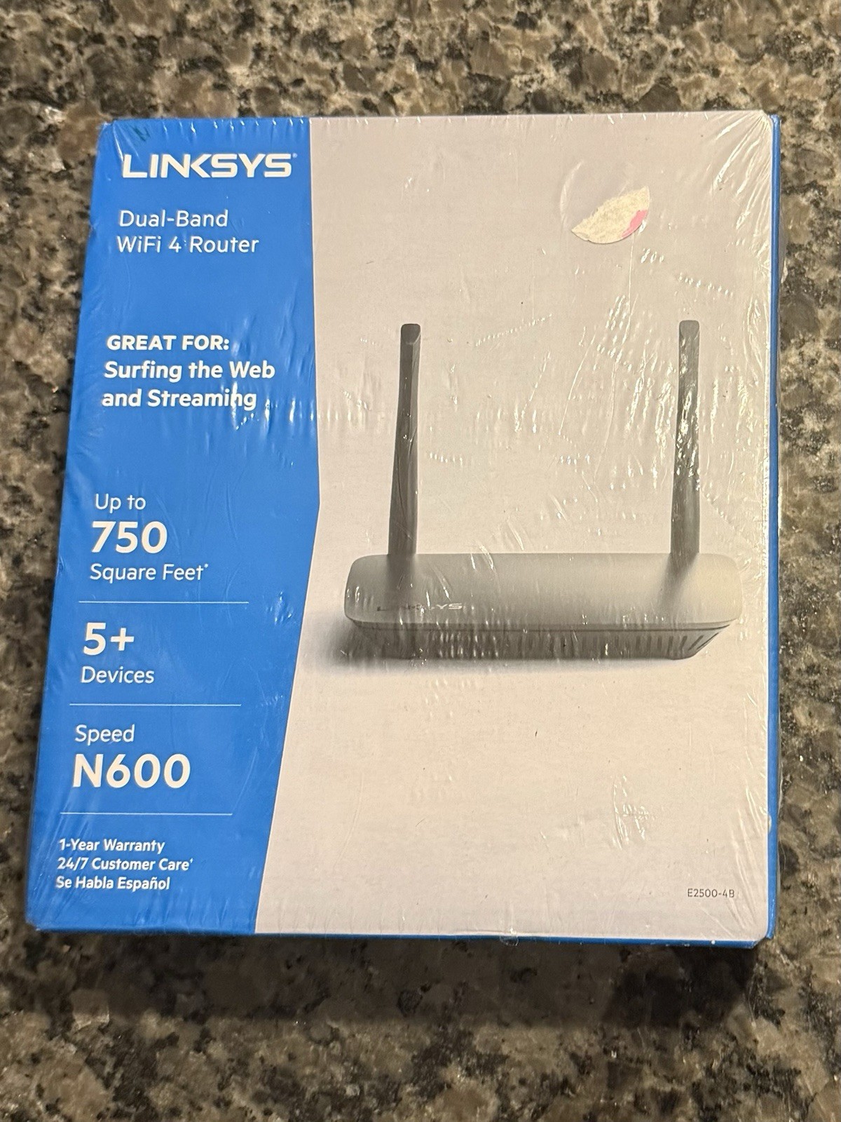 NIB,Linksys N600 Dual Band WiFi 4 Router, Up to 750 Sq. Ft, 5+ Devices, E2500-4B