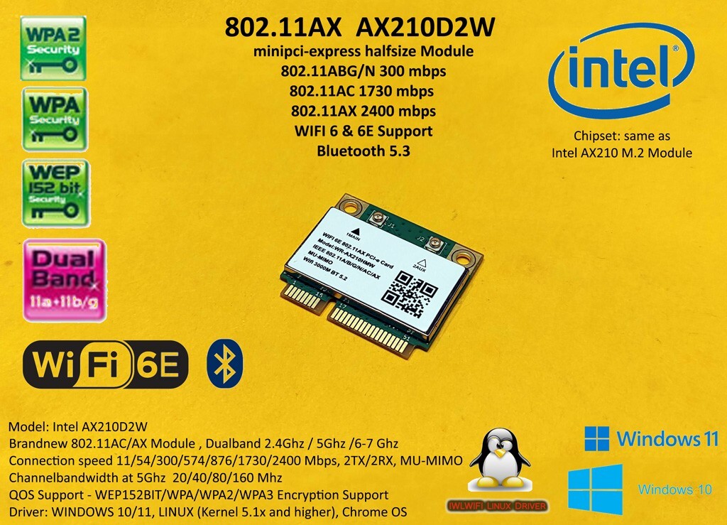 WIFI 6E Mpcie Minipci-express Intel AX210D2W 802.11AX WiFi + Bluetooth 5.3 AX3000
