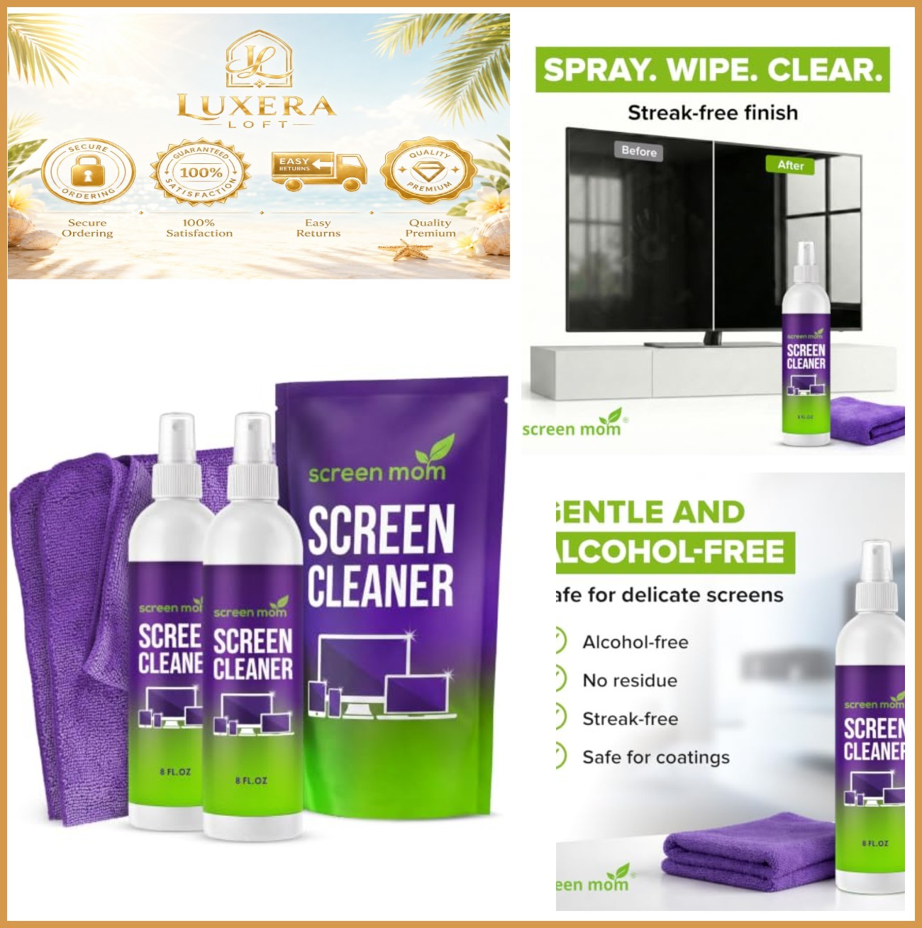 Screen Cleaner Spray 2 Pack 8oz with Microfiber Cloth Streak Free for TV Laptop