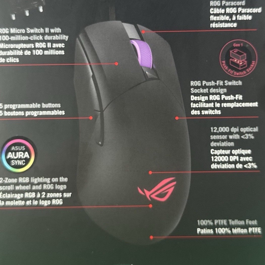 ASUS ROG Gladius III Core Gaming Mouse, 12000 DPI, RGB, 5 Buttons, PTFE, Black