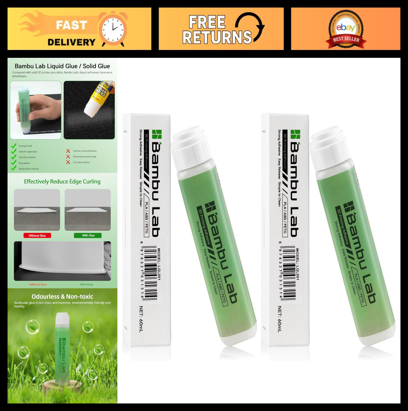 2PCS 60ML 3D Printer Adhesive Glue - Strong Grip, Reduces Warping for PLA/ABS/PE