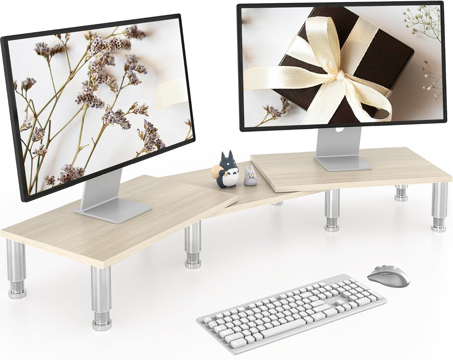 Dual Monitor Riser - Adjustable Length & Angle, Wooden Stand for 2 Monitors with