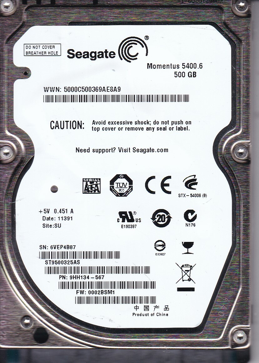 Seagate ST9500325AS pn:1DH134-567 fw: 0002 SU s/n: 6VE 500GB SATA 2.5" HDD 5704