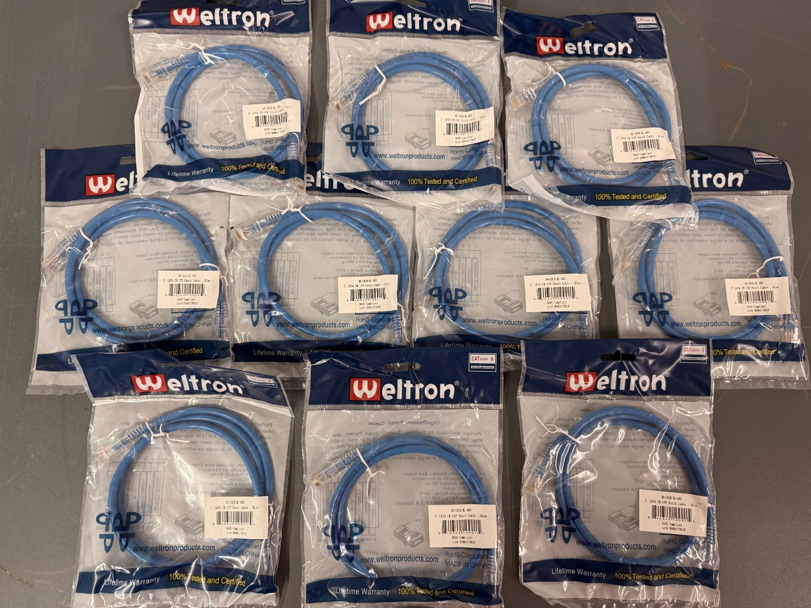 BAG OF 10 Weltron 3' Blue CAT6 RJ45 Snagless Patch Cables # 90-C6CB-BL-003