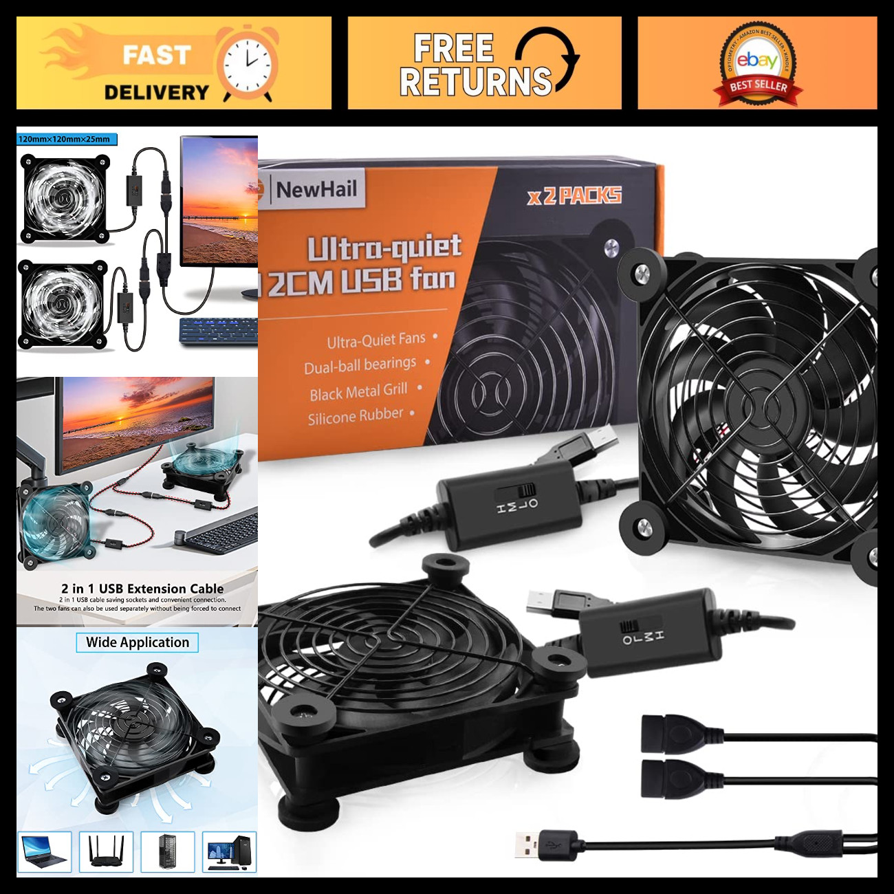 2-Pack 120mm USB Cooling Fans with Speed Control, High Airflow for Router & DVR