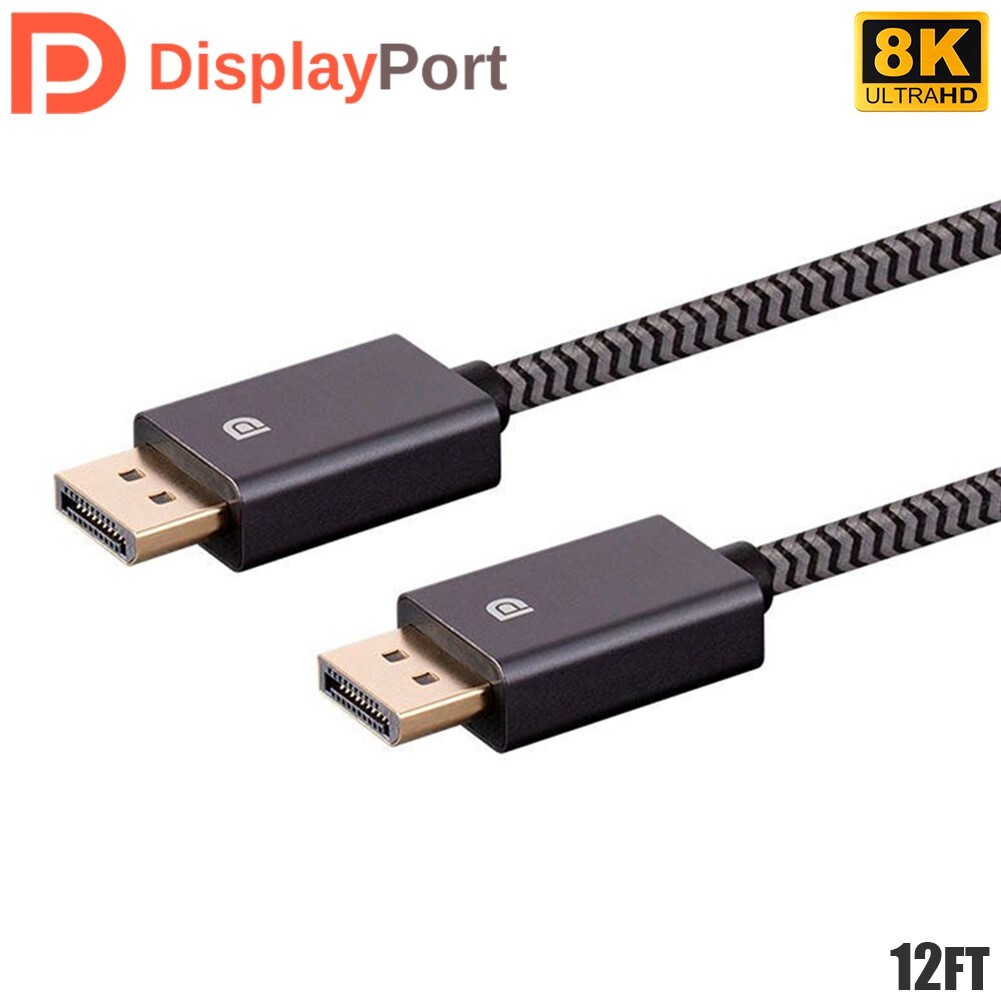 12FT DisplayPort DP 1.4 8K 4K 32.4Gbps Easy Plug & Play Cable Nylon Braided Gray