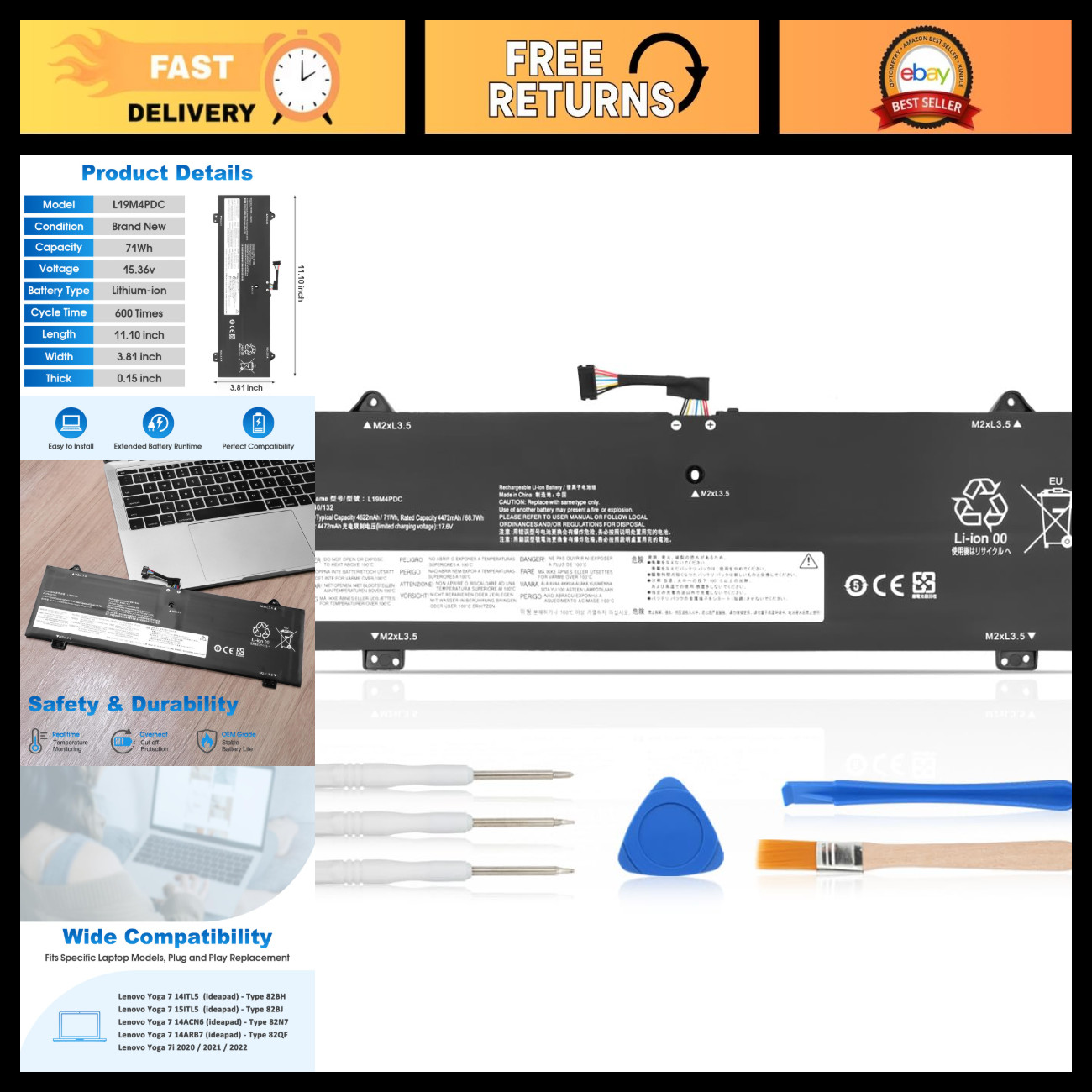High-Capacity 71Wh Laptop Battery Replacement for Lenovo Yoga 7-14ITL5, L19C4PDC