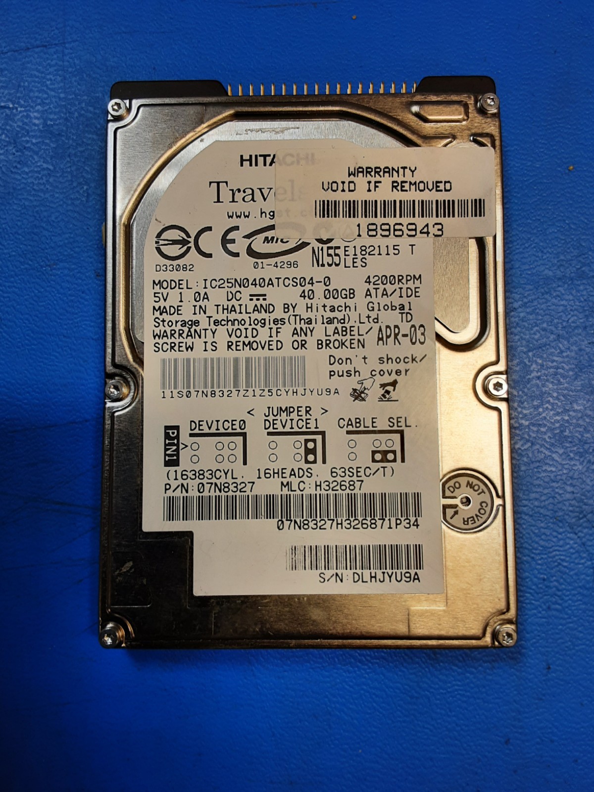 IBM Hitachi IC25N040ATCS04-0 07N8327 40GB 4200 RPM 2.5" 9.5mm 2MB ATA HDD Drive