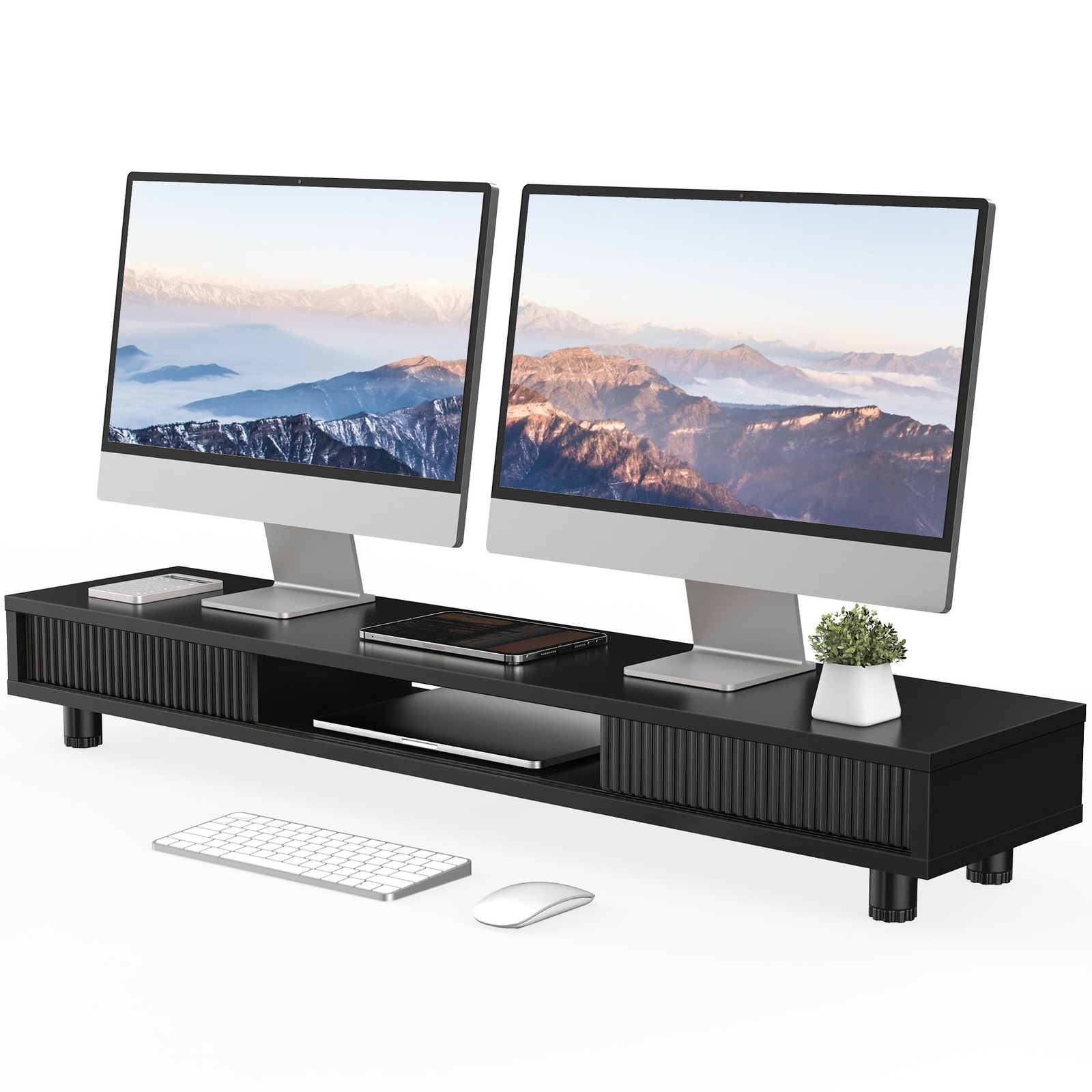 Fenge Dual Monitor Stand with Storage, Desk Shelf with Glass Sliding Door