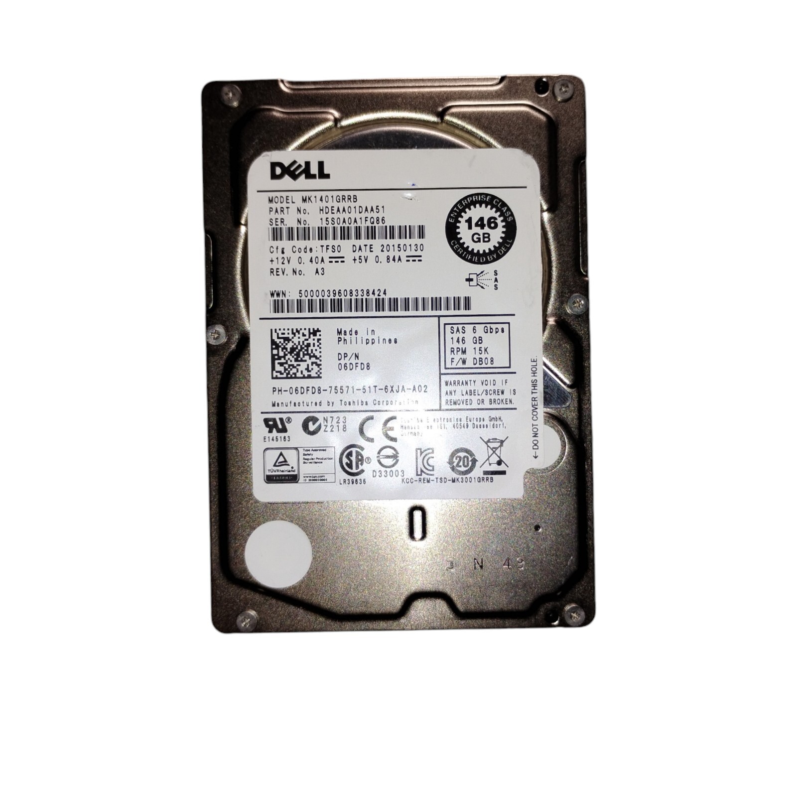 Dell 6DFD8 146GB Internal 15000RPM 2.5" SAS Server Hard Drive MK1401GRRB