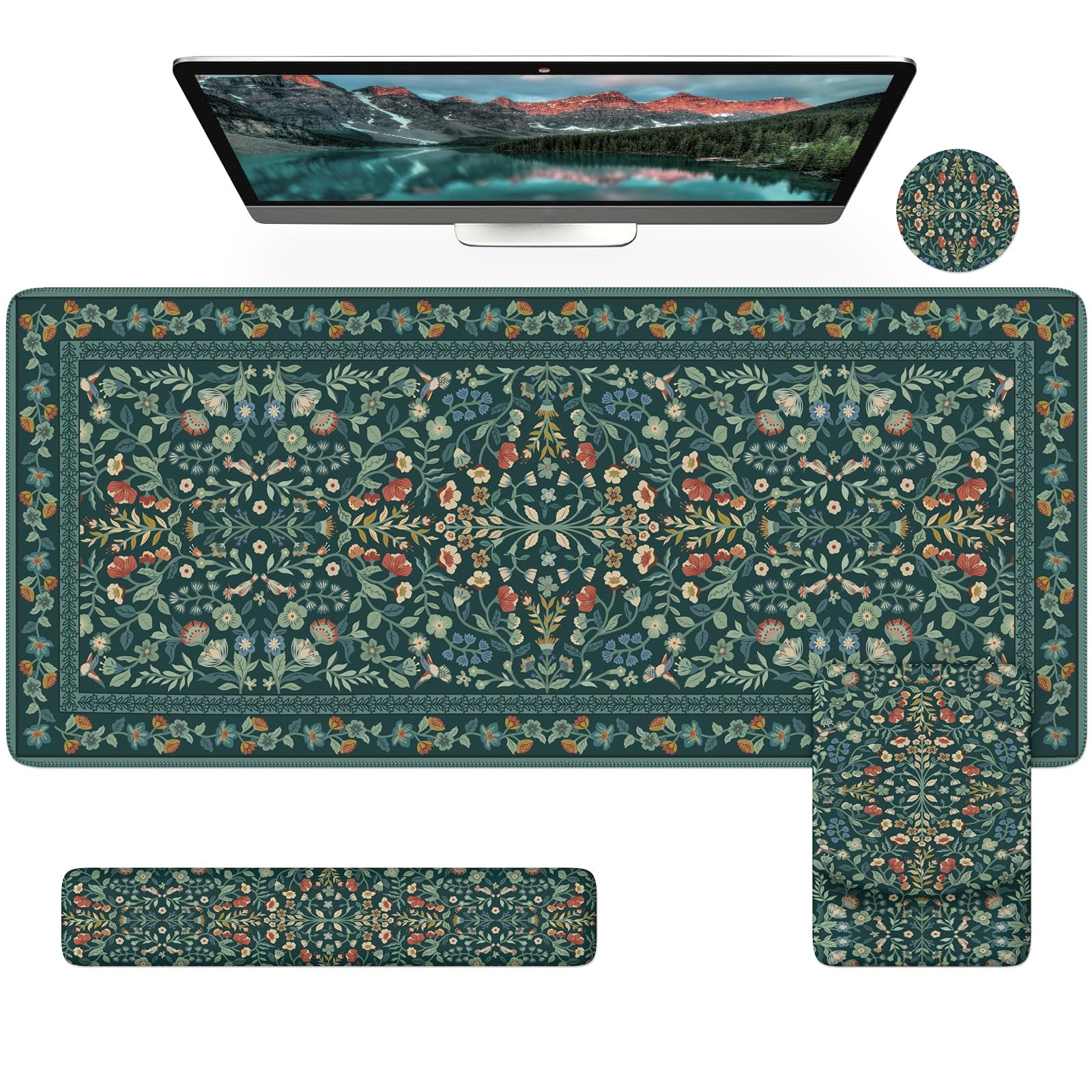Ergonomic Large Mouse Pad Wrist Rest Desk Mat Deep Green Floral Gaming