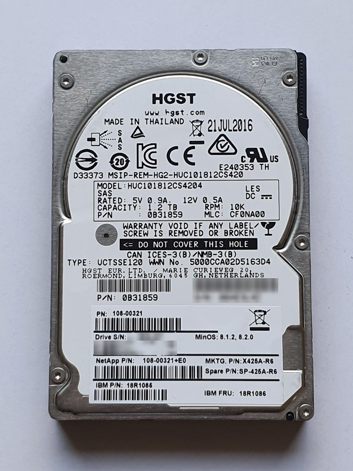 1.2TB SAS NetApp HGST HUC101812CS4204 X425A-R6 0B31859 10000rpm 12Gb/s 2.5"