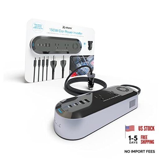 Atomi 150W Car Power Inverter with 2 AC 110V Outlets + 2 USB-C Ports + 2 Smart