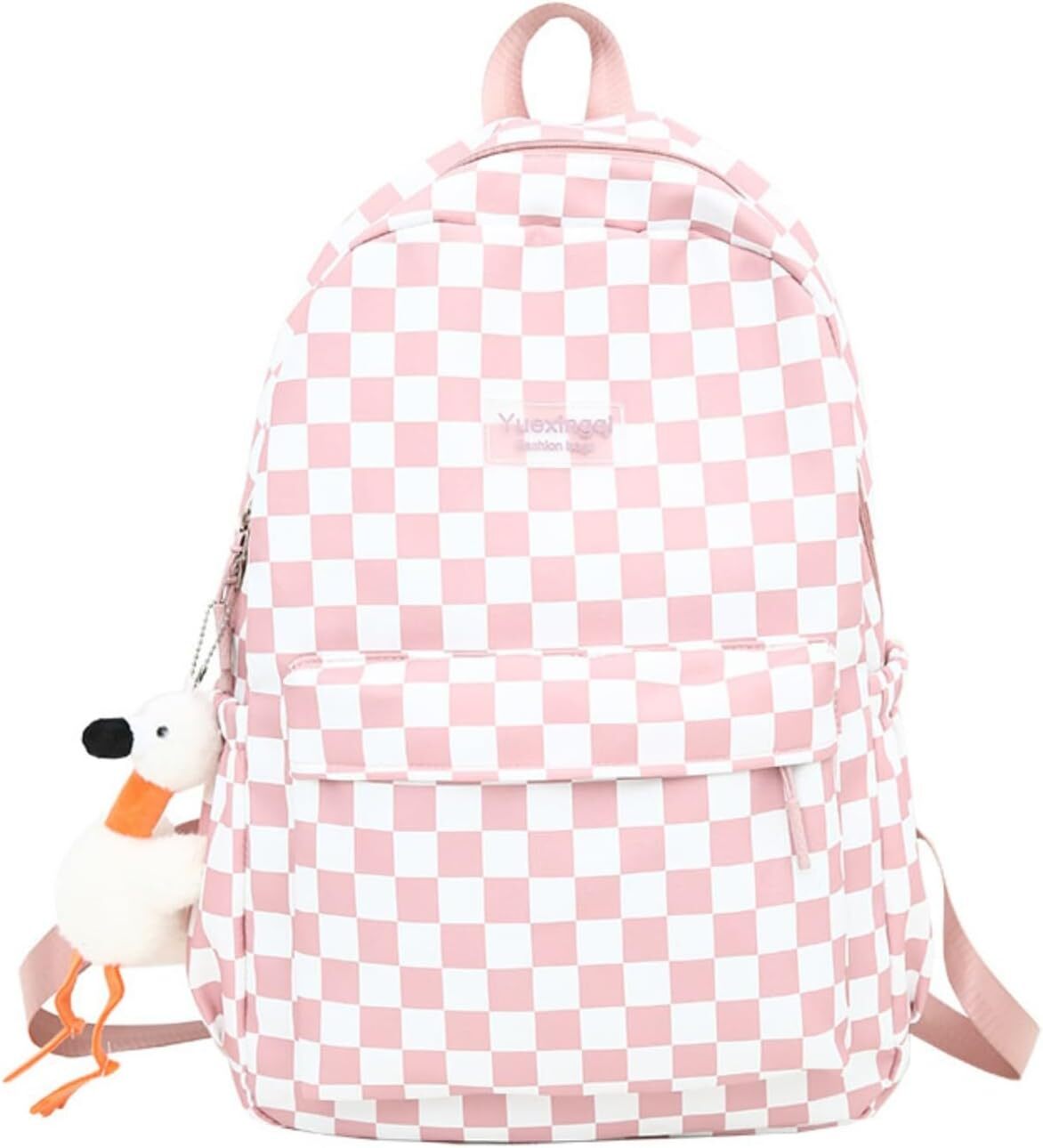 Y2K Aesthetic Checkered Backpack with Kawaii Pendant One Size, Pink 