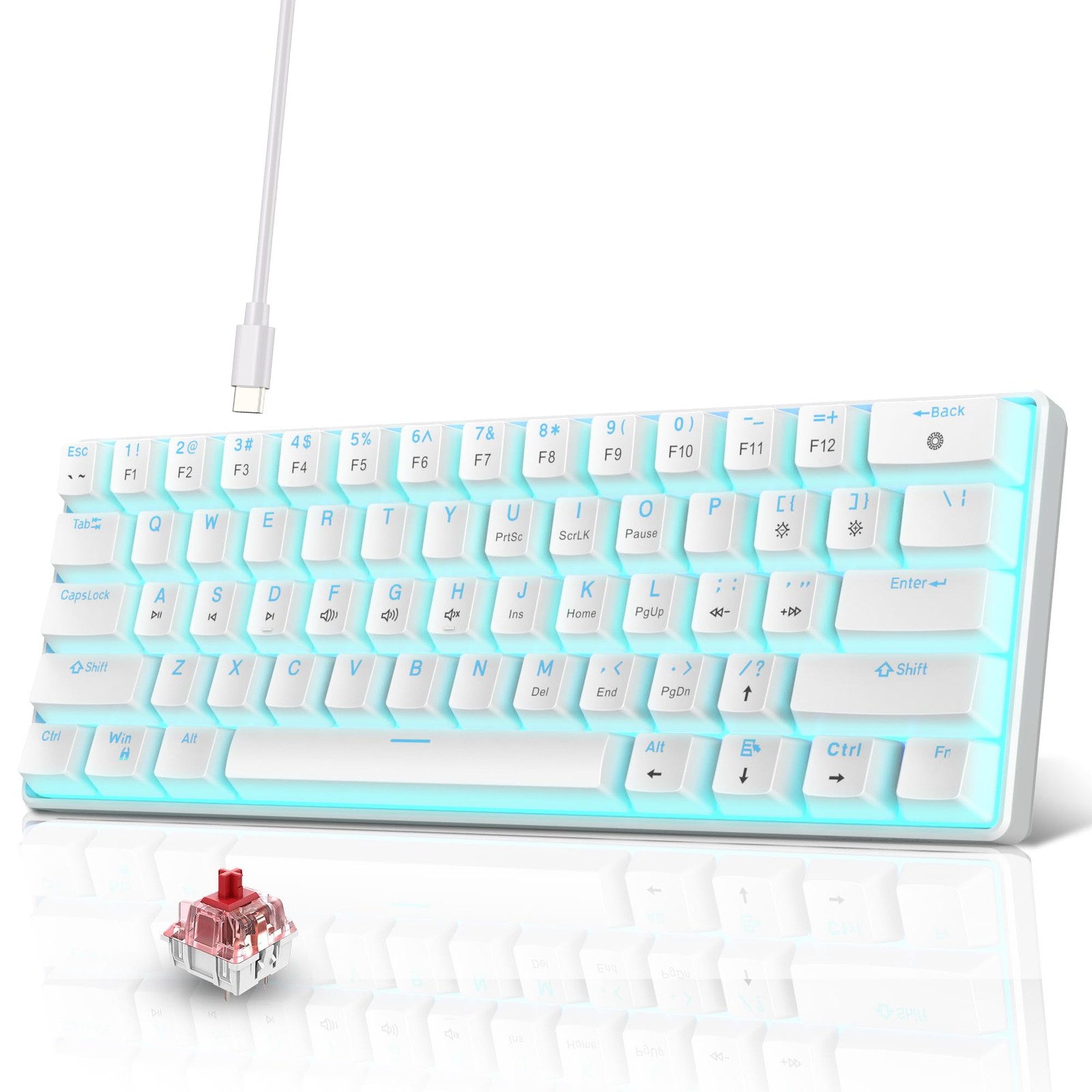 61Key White Ice Blue Backlit 60% Wired Red Switch Mechanical Keyboard