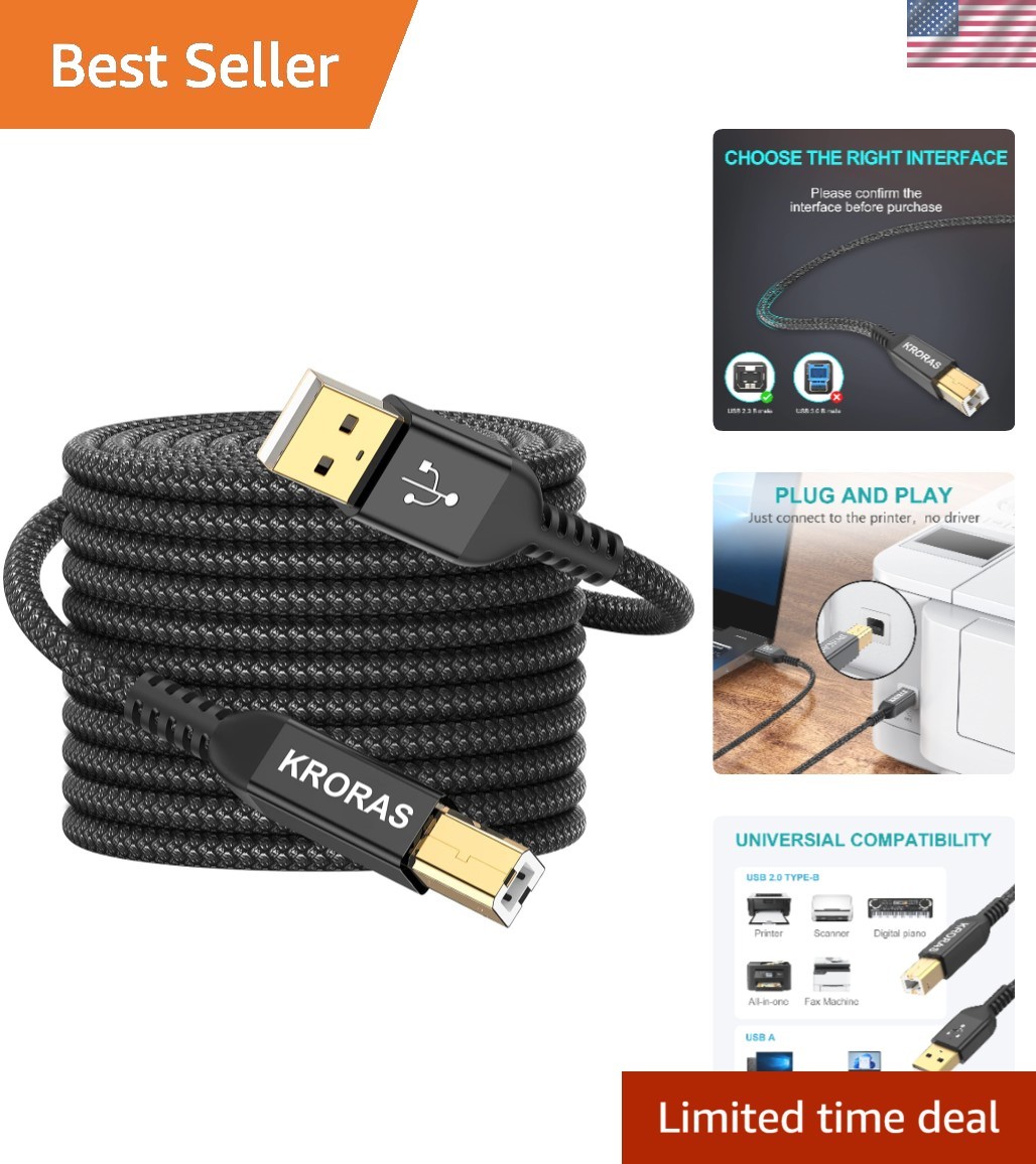 20ft USB 2.0 Printer Cable with Male-to-Male Connectors - Versatile & Durable