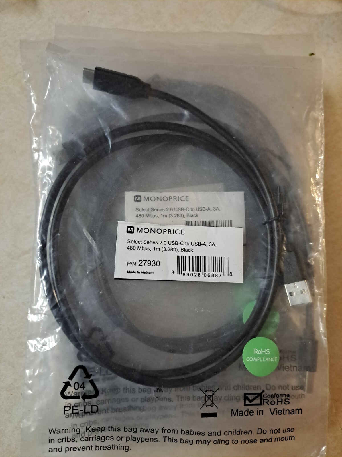 Monoprice Essentials USB Type-C to USB-A 2.0 Cable, 480Mbps, 3A, 26AWG, 3.3ft