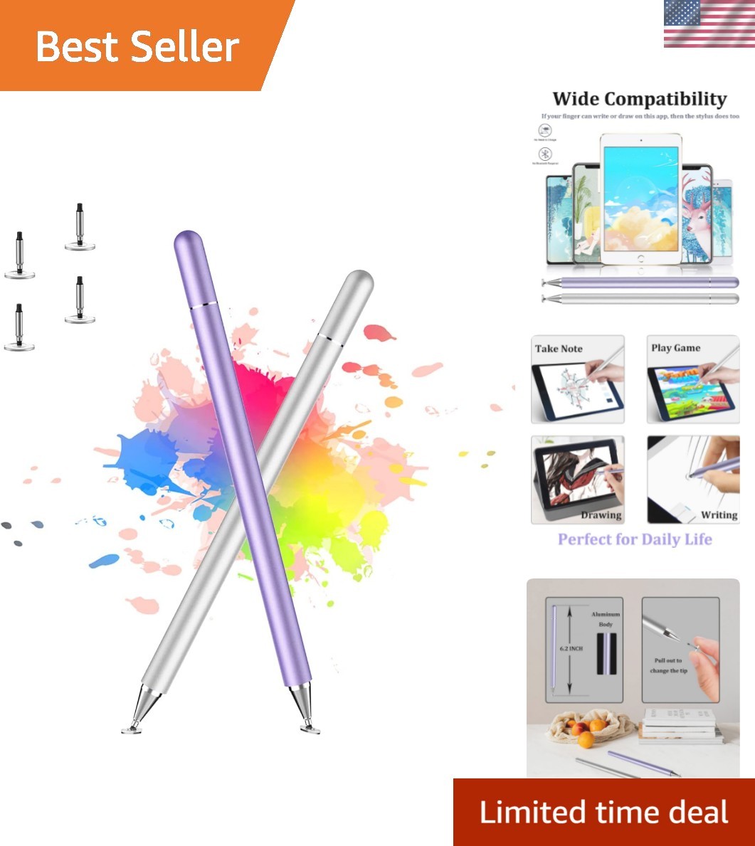 Universal Capacitive Stylus Pen for All Touch Screens: 2-Pack, Purple & Silver
