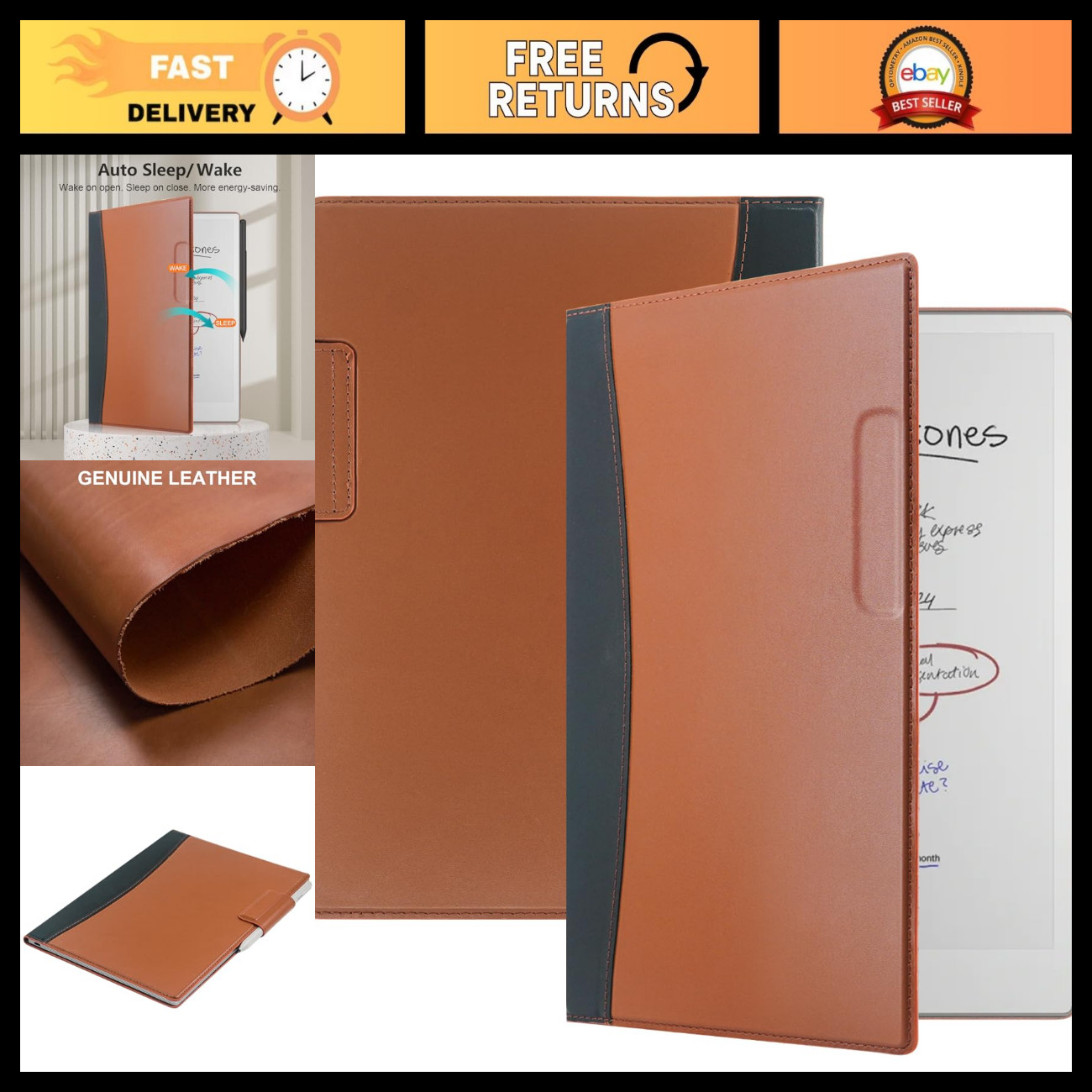 Ultra Slim Genuine Leather Folio Case for Remarkable Paper Pro 11.8” - Auto Slee
