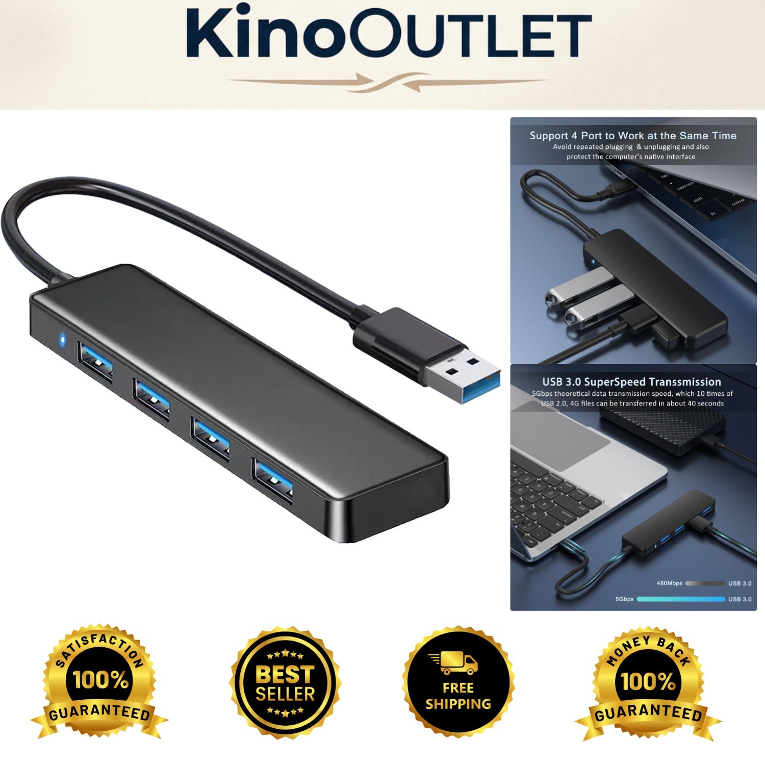 Sleek 4-Port USB 3.0 Splitter - Efficiently Connect Multiple Devices with Style