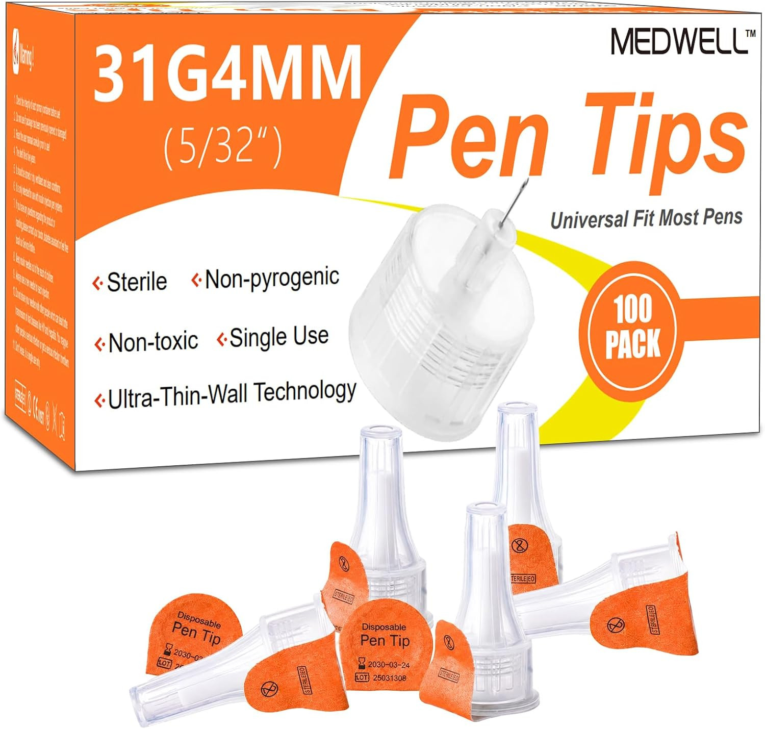 Pen Tips 31G X 4Mm(5/32") ，Sterile，Universal Fit，Extra-Thin-Wall Design, Comfort