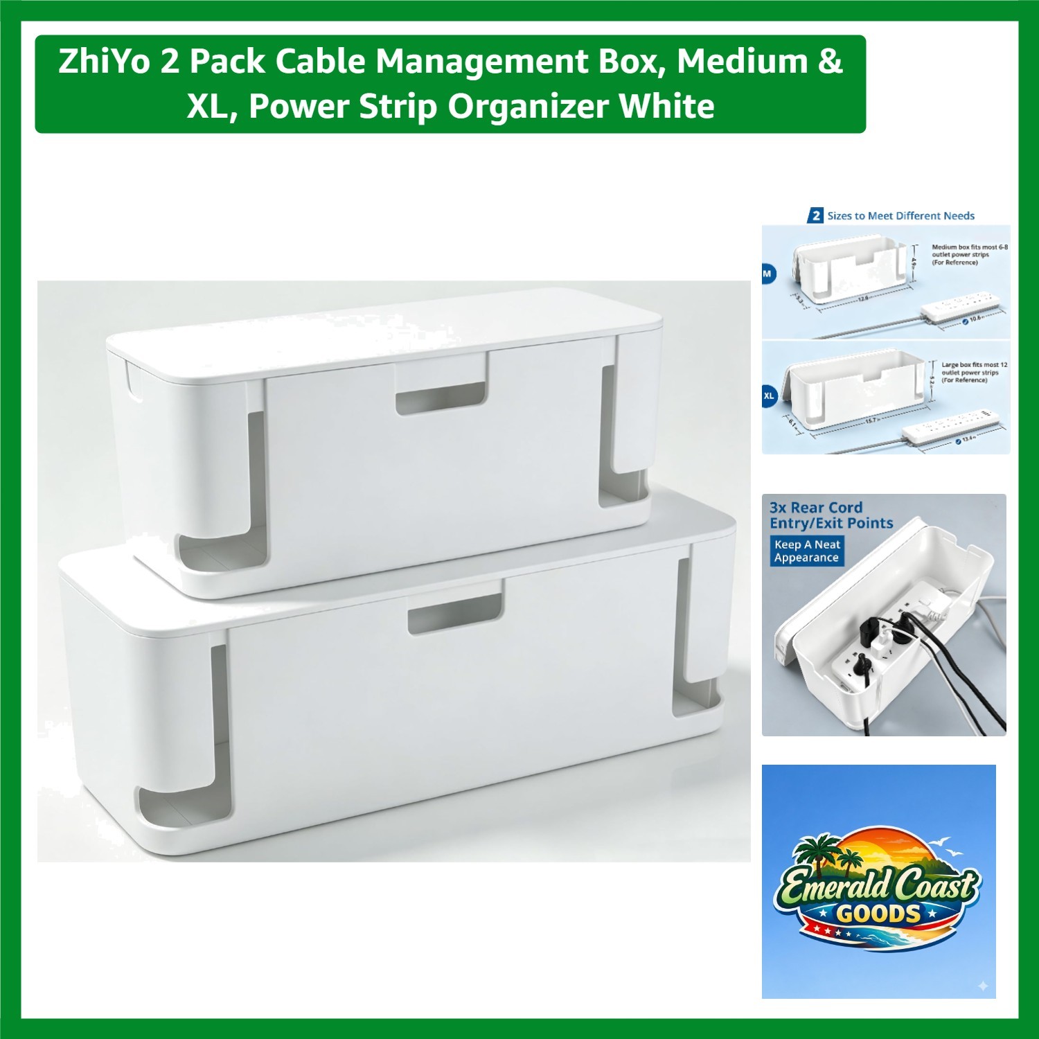 2-Pack Modern Cable Management Box Set - Medium & XL Power Strip Organizers