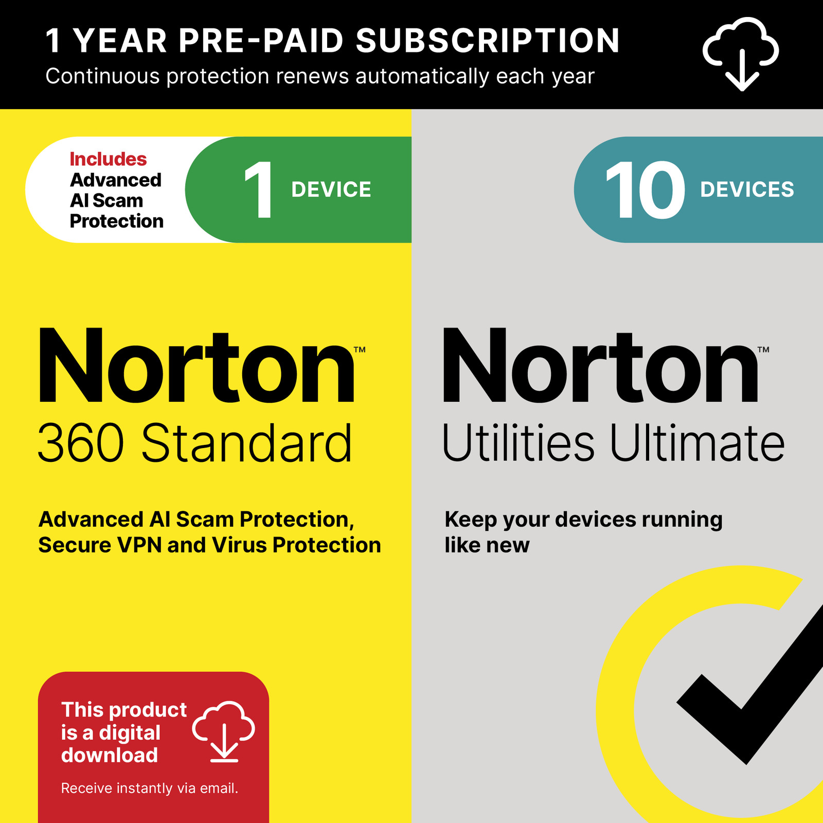 Norton 360 Standard + Utilities Ultimate | Digital Download Code Sent by Email