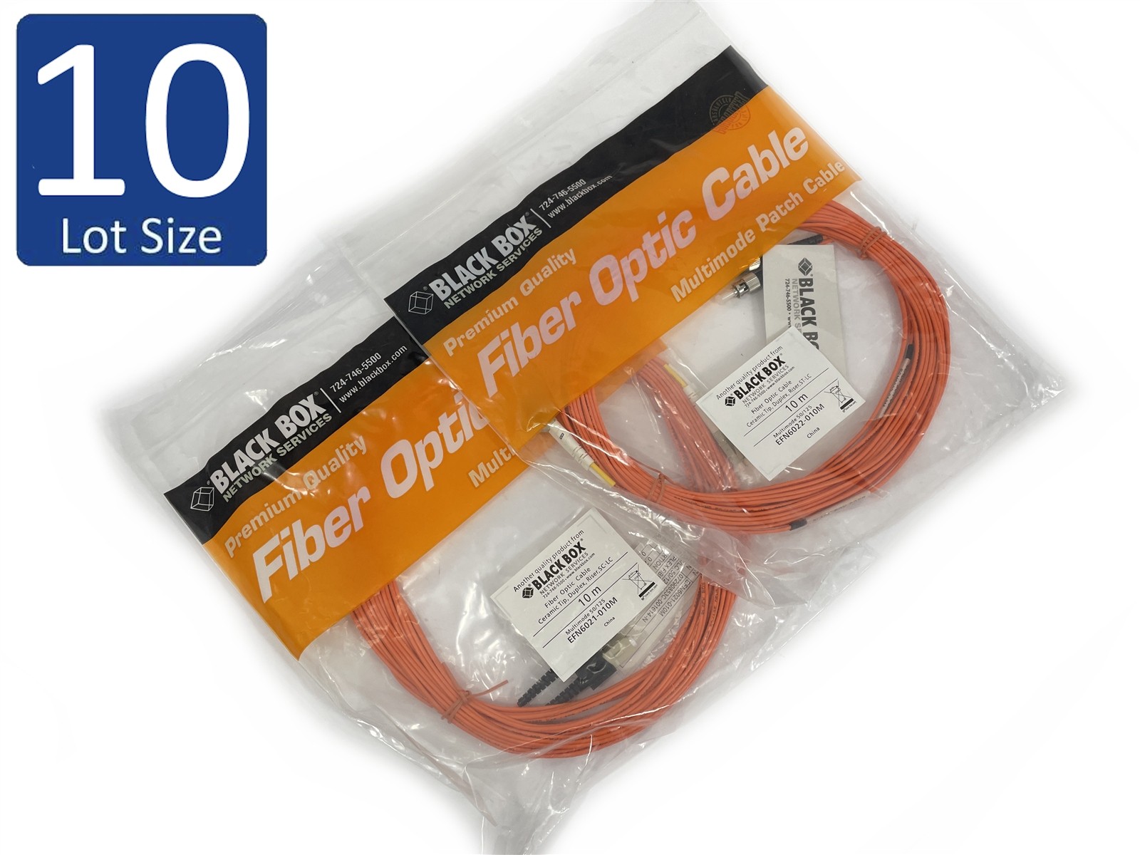 Mixed Lot of 10 NEW Black Box Fiber Optic Cables Ceramic Tip Duplex Riser 10M