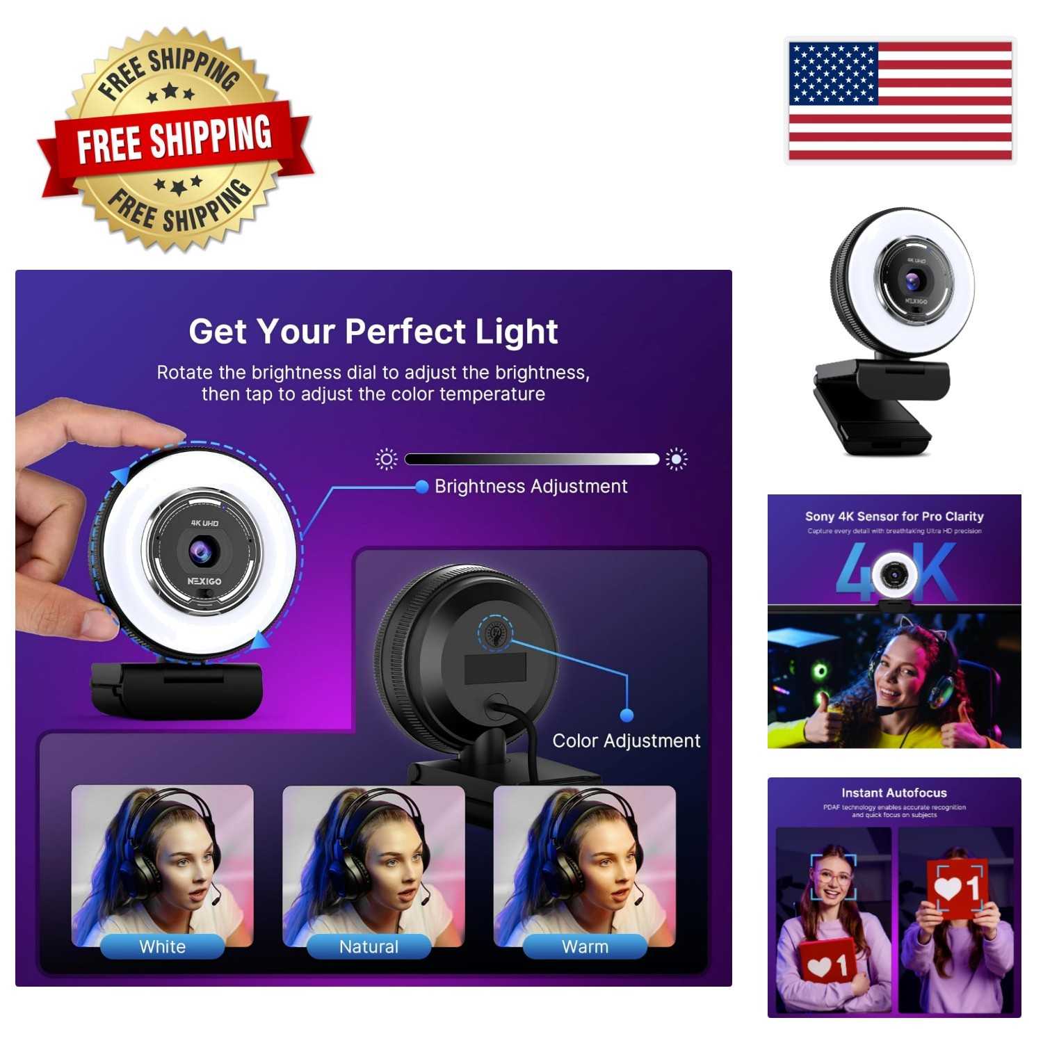 N680E Pro 4K Webcam with Ring Light & Dual Mics - Perfect for Streaming