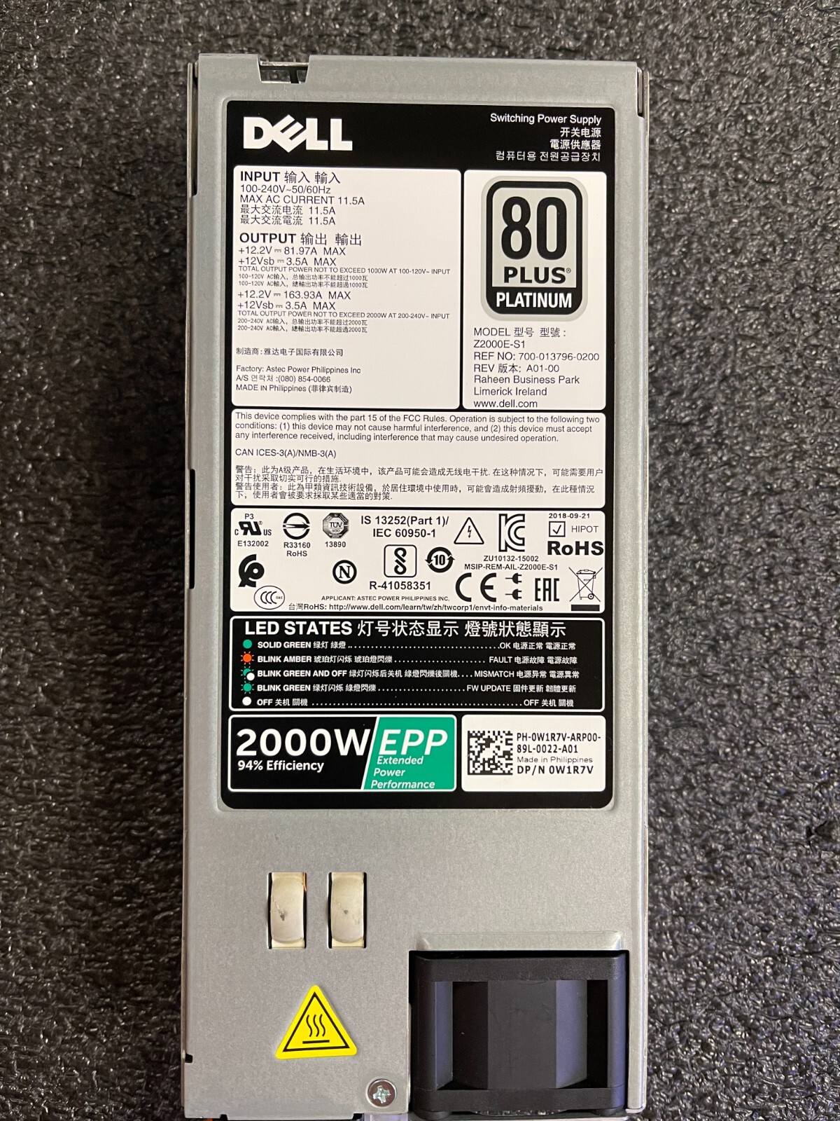 Power Supply Hotswap 2000W Dell Poweredge Server C6400 R940 R740 W1R7V Grade A