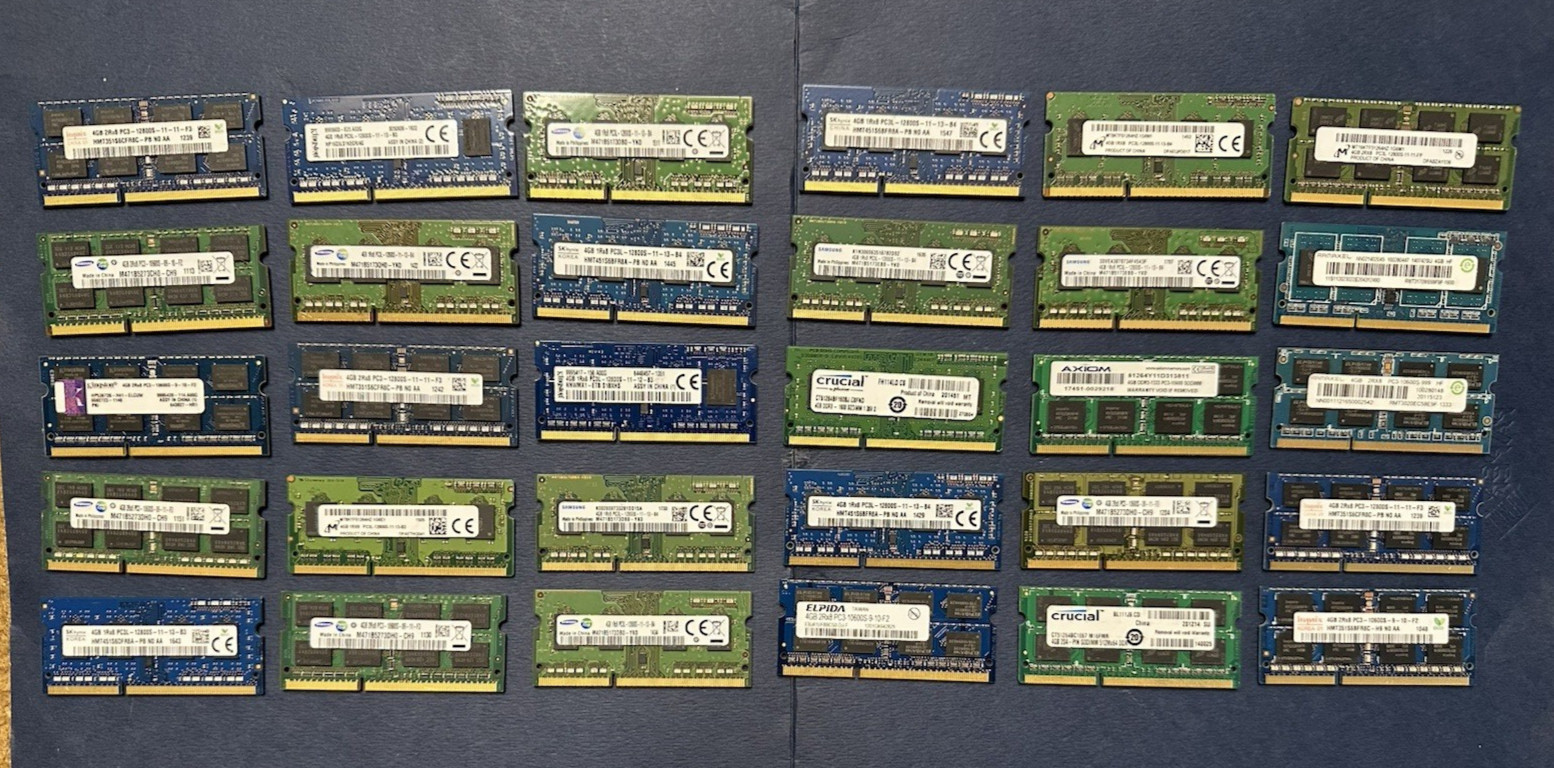 Lot of 30 Mixed Brands/Untested Laptop Memory 4GB DDR3L RAM SO-DIMMs