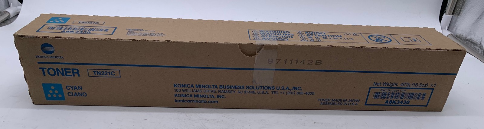 Genuine Konica Minolta TN221C (A8K3430) Cyan Toner Cartridge, OEM