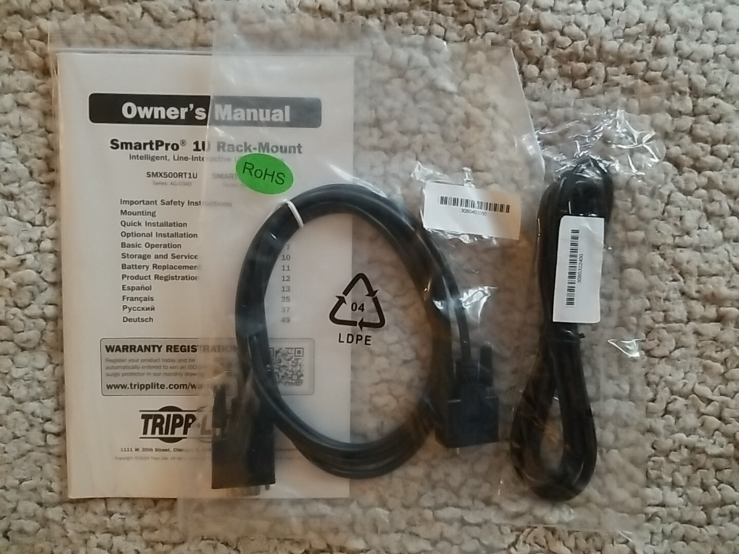 OEM Tripp Lite UPS Communications Cables 308040390 and 3080322400. With  Manual 
