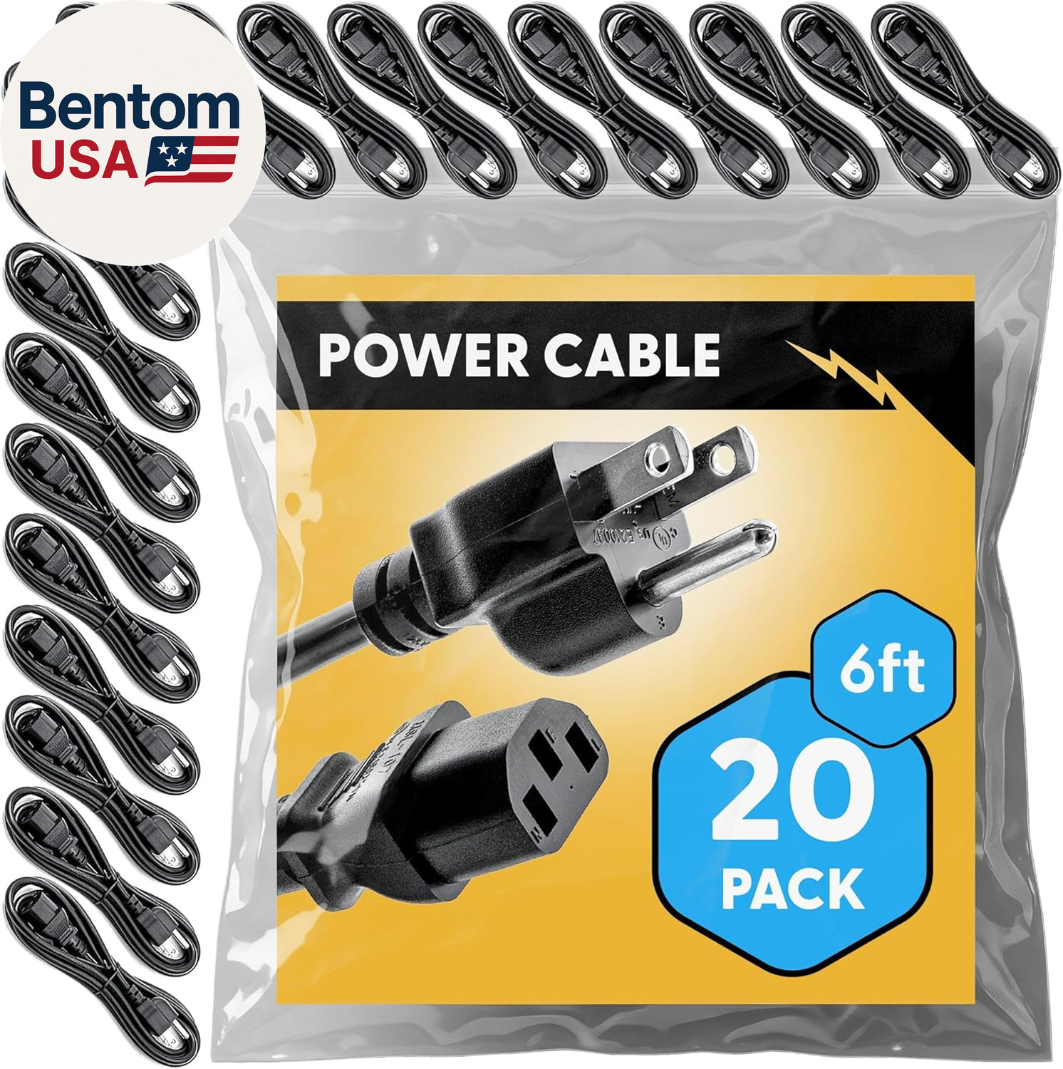 UL Approved 6Ft Universal Power Cord (20 Pack) - IEC C13 to NEMA 5-15P Computer
