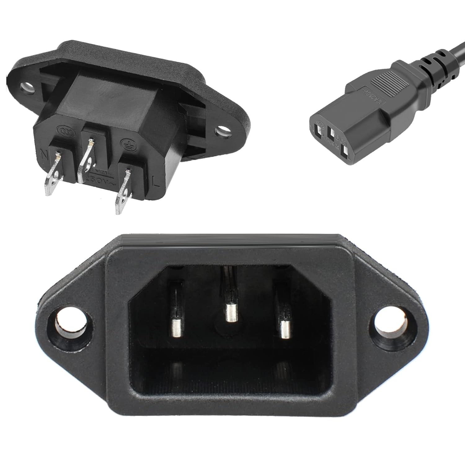 QTEATAK 3 Pack Screw Mount 3 Pins Inlet Power Plug Socket IEC320 C14 AC 250V 10A