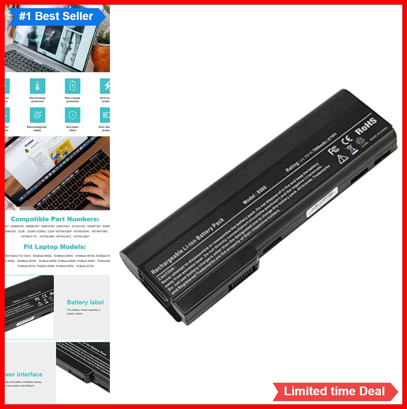 9 Cell Laptop Battery 11.1V 7800mAh 100Wh Li-ion Black For HP EliteBook ProBook