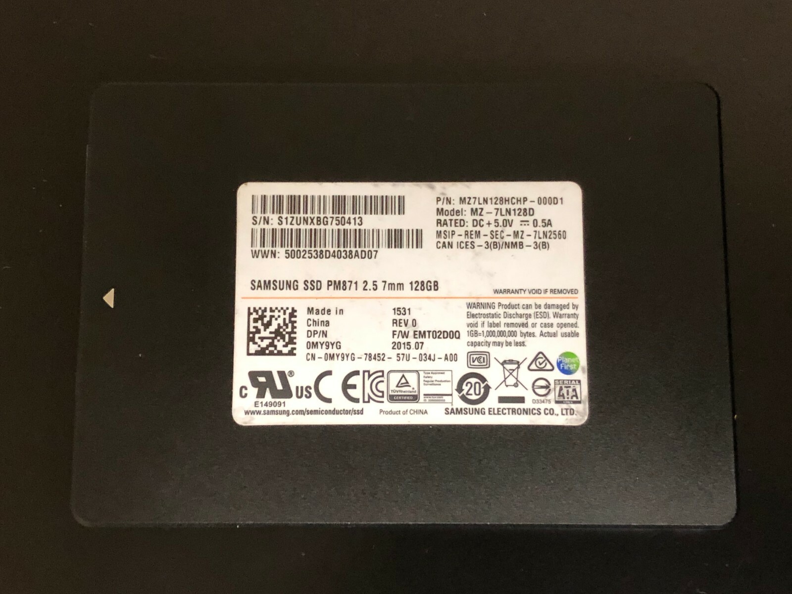 0MY9YG Dell Samsung 128GB 2.5' SATA Solid State Drive MY9YG