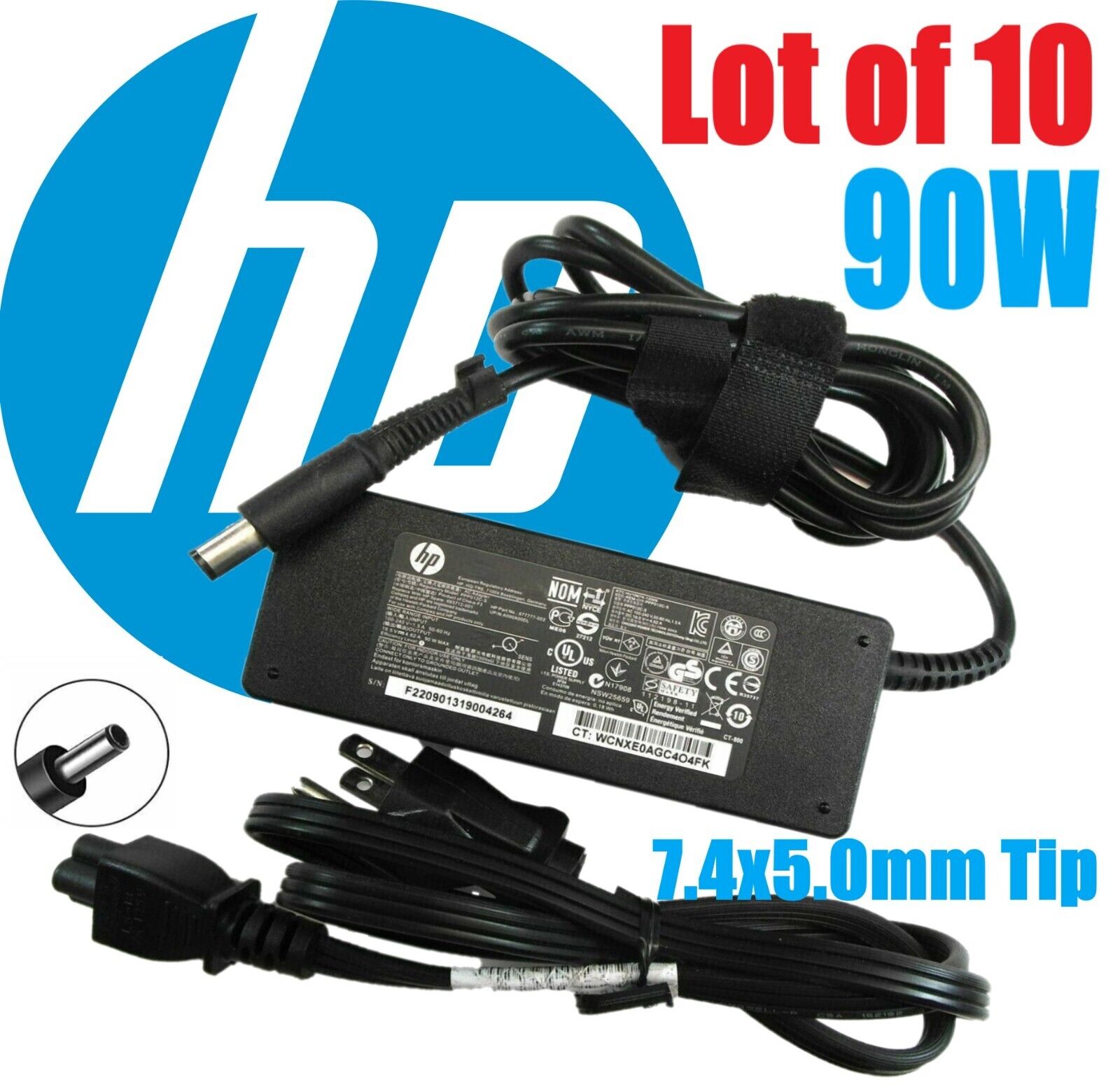 LOT OF 10 Genuine HP 90W AC Adapter Charger Power  Supply 7.4x5.0mm Black Tip