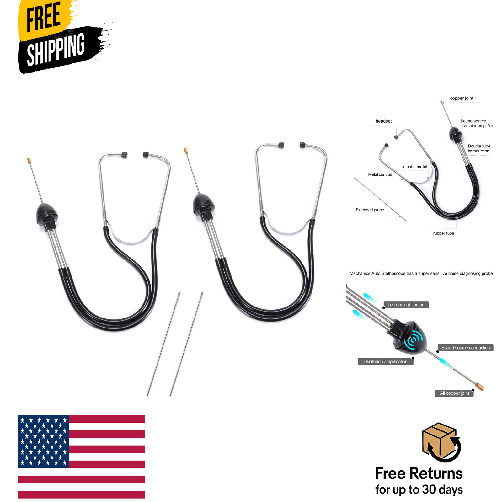2Pcs Automotive Mechanic Stethoscope Engine Stethoscope Tool for Cars, Trucks