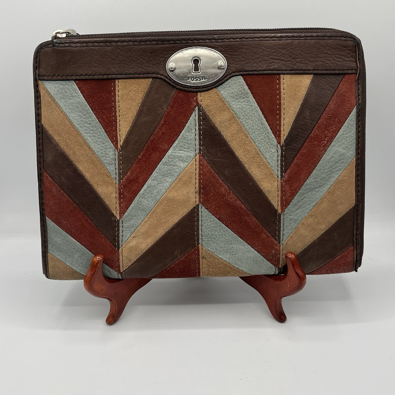 FOSSIL Leather Suede Chevron Tablet Case  Zipper Career Classic Designer