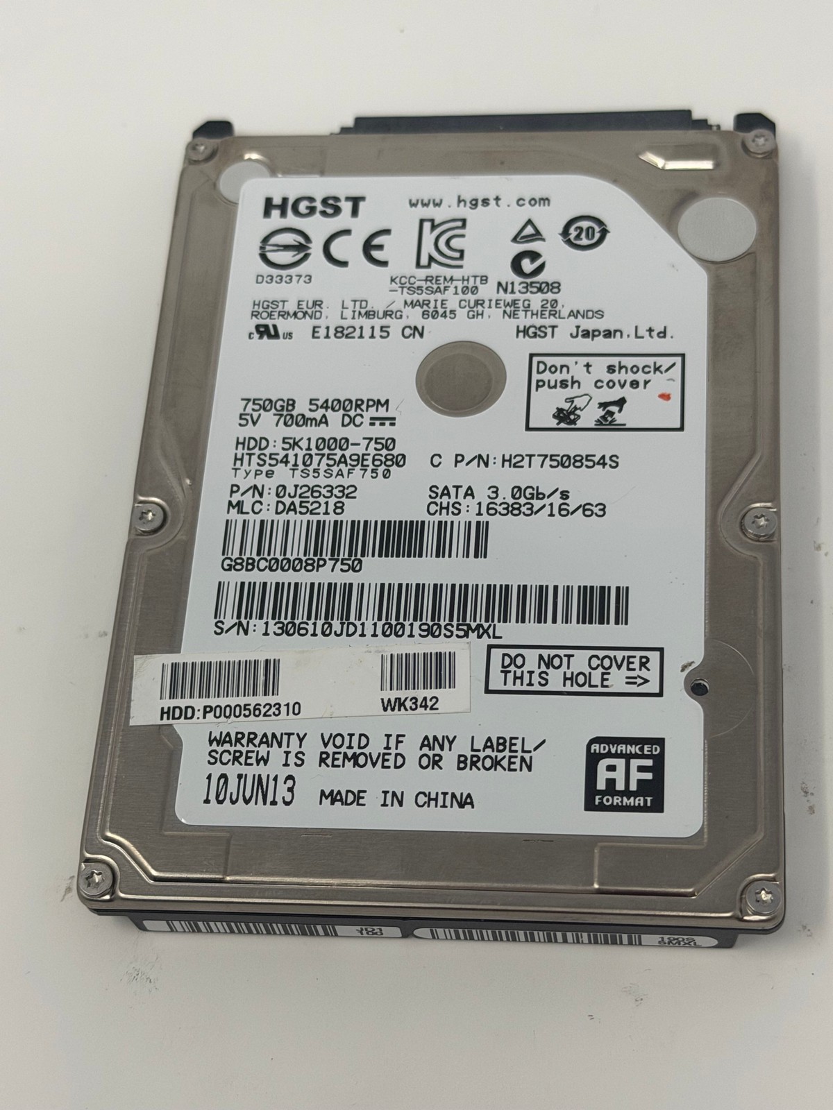 HGST 750GB HDD 5400 RPM Tested and Wiped 750GB