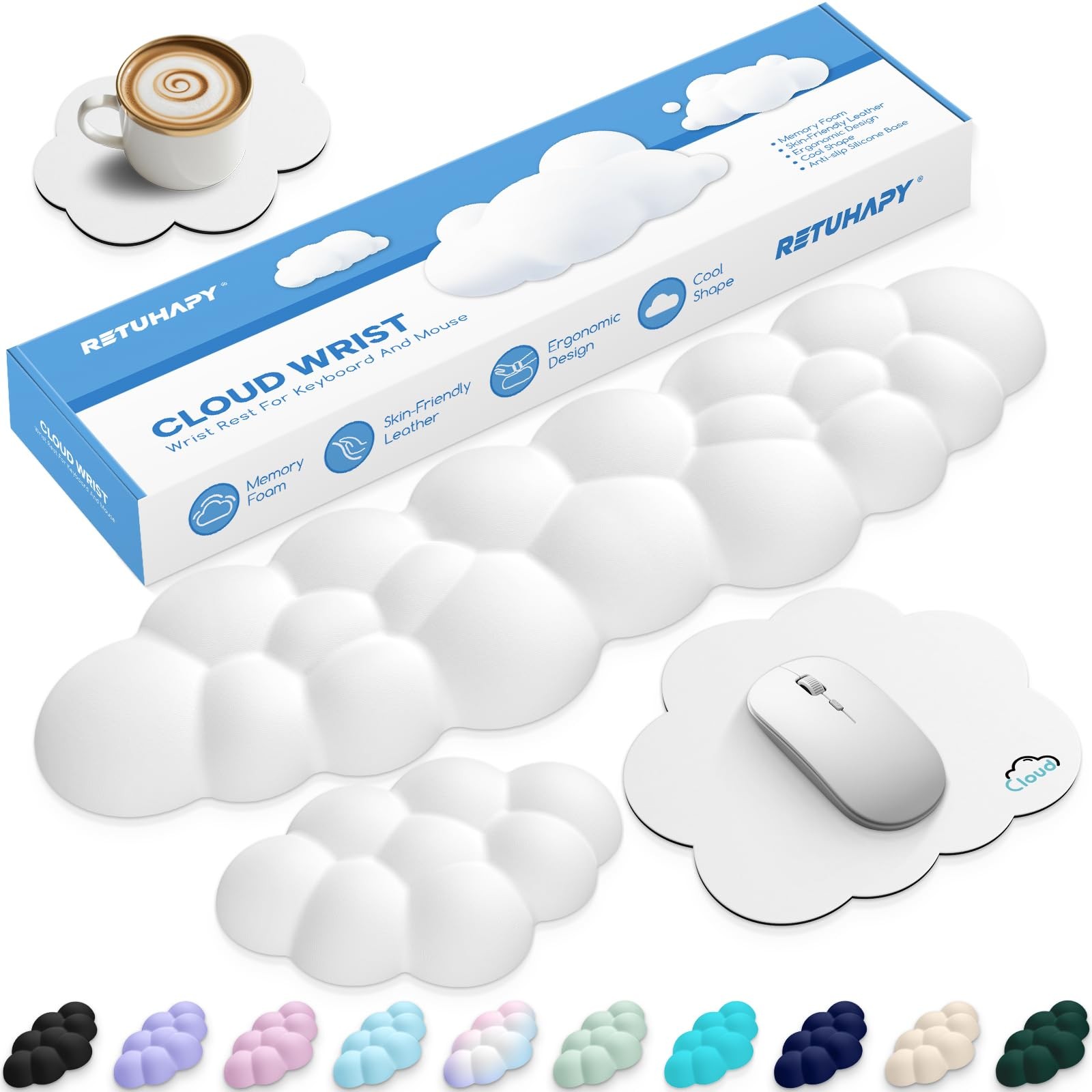 Cloud Wrist Rest Keyboard Cushion and Cloud Mouse Pad, White